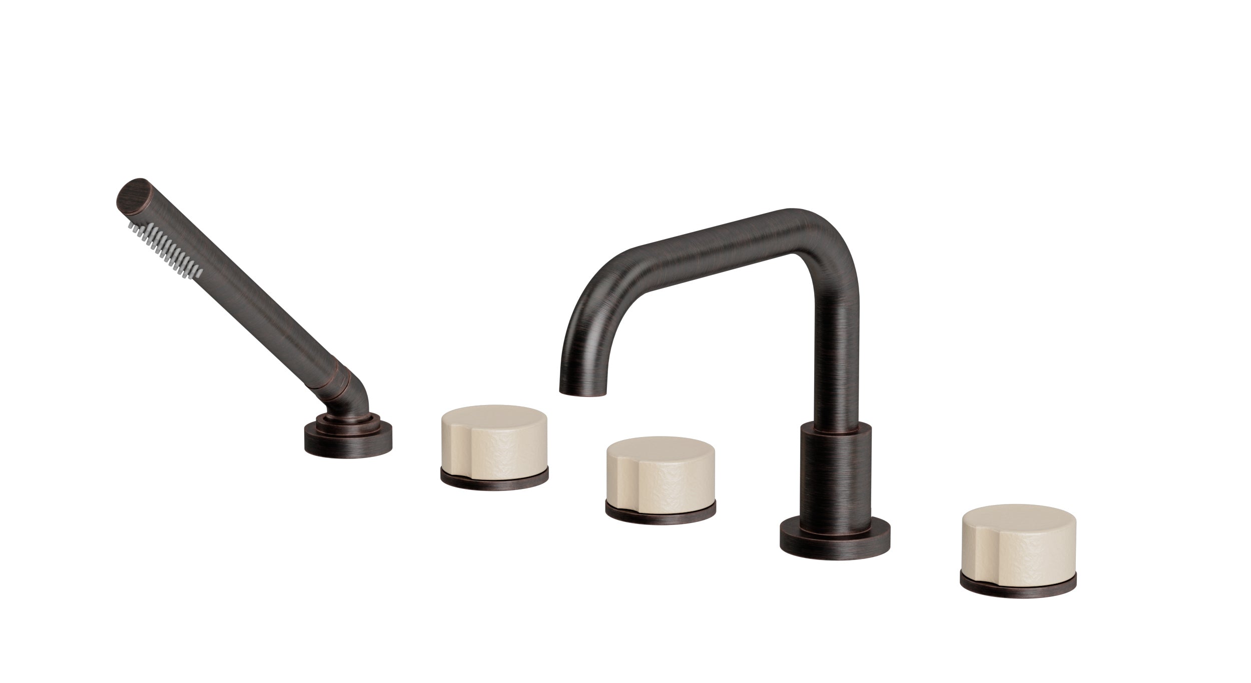 Foundry Three Handle Deck Mount Squaretop Bath Trim with Hand Shower and Groove Ceramic Knob Handles in Antique Bronze