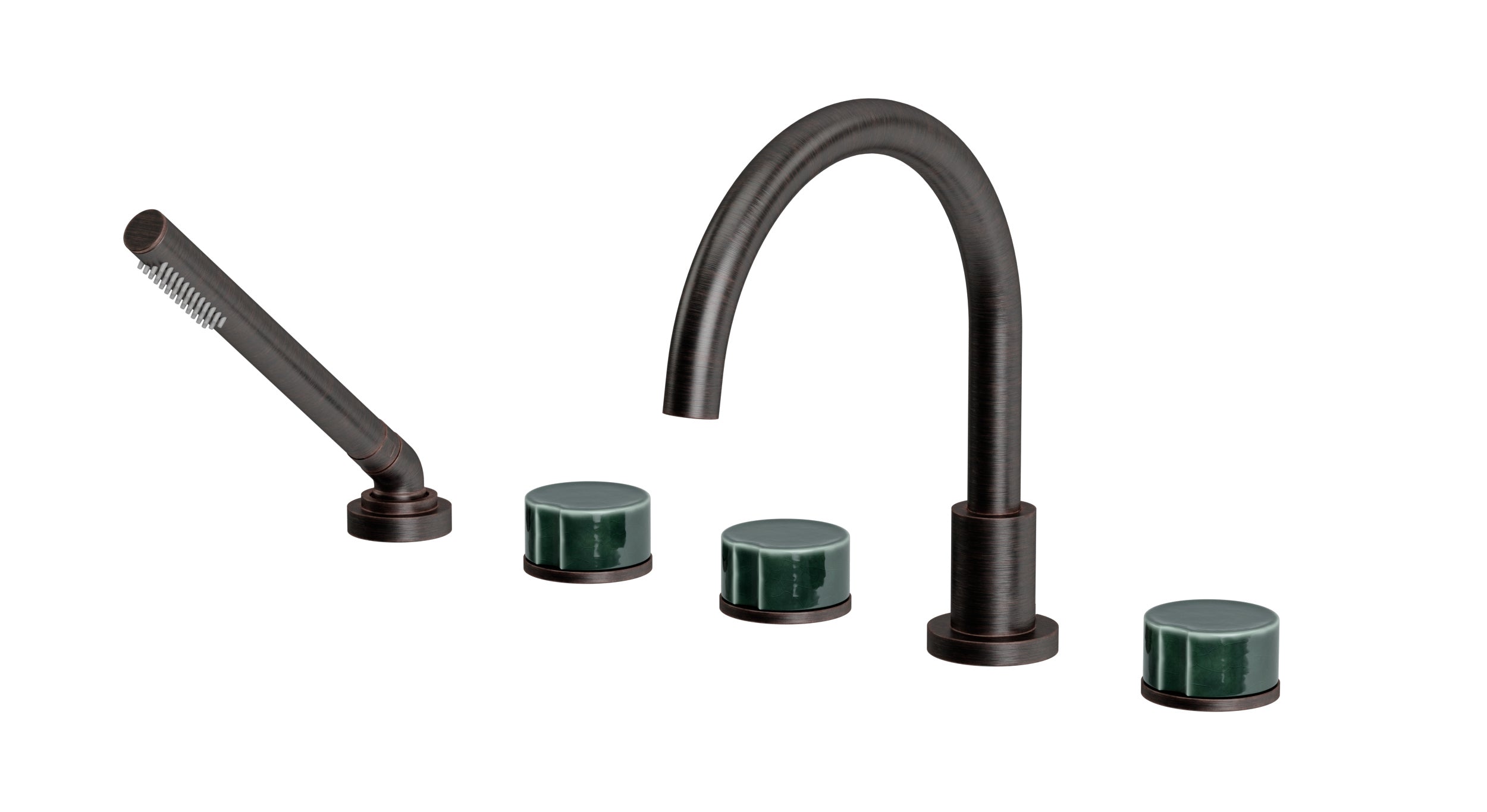 Foundry Three Handle Deck Mount Gooseneck Bath Trim with Hand Shower and Groove Ceramic Knob Handles in Antique Bronze