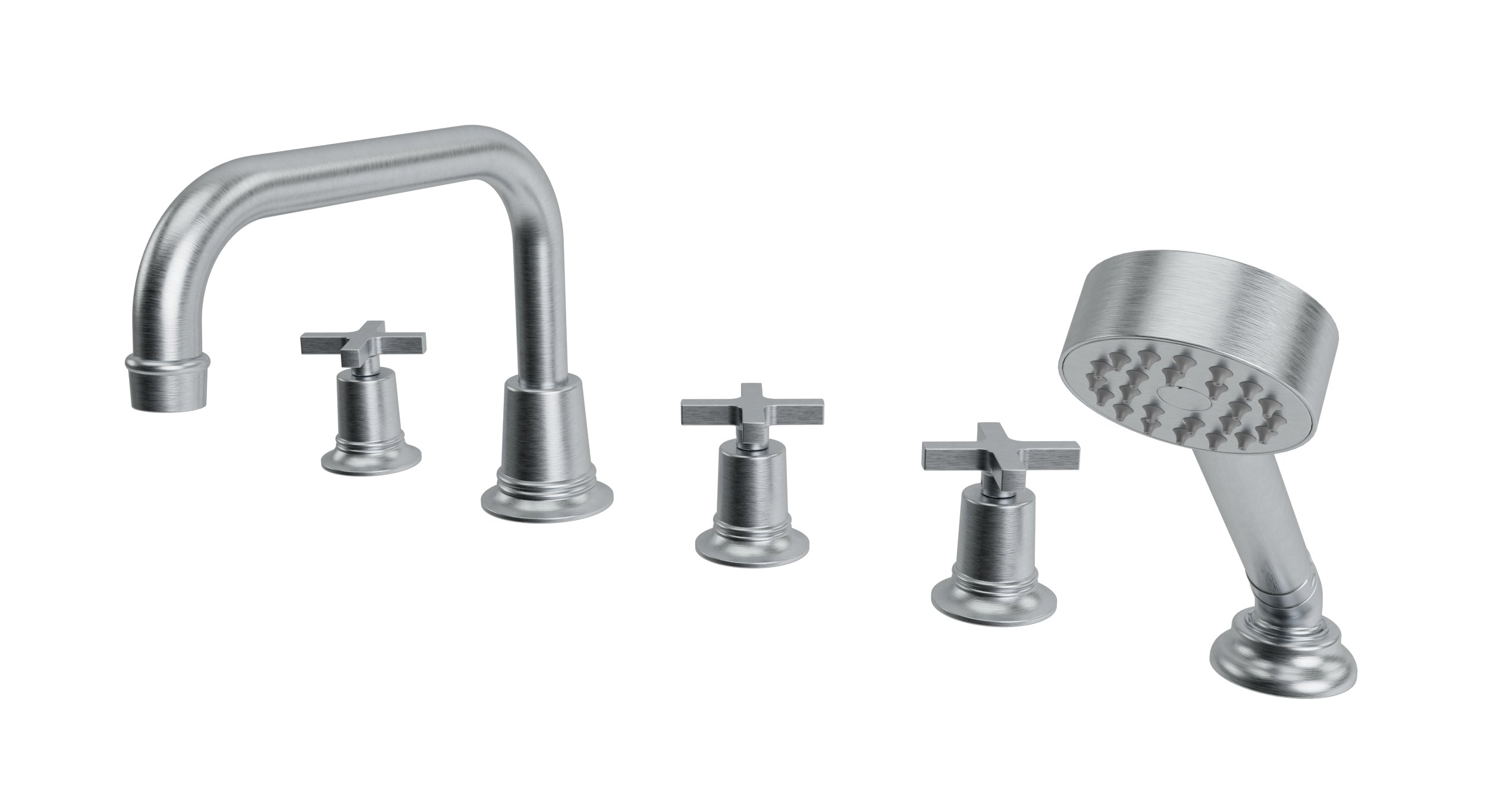Emerson Three Handle Deck Mount Squaretop Bath Trim with Hand Shower and Classic Cross Handles in Satin Chrome