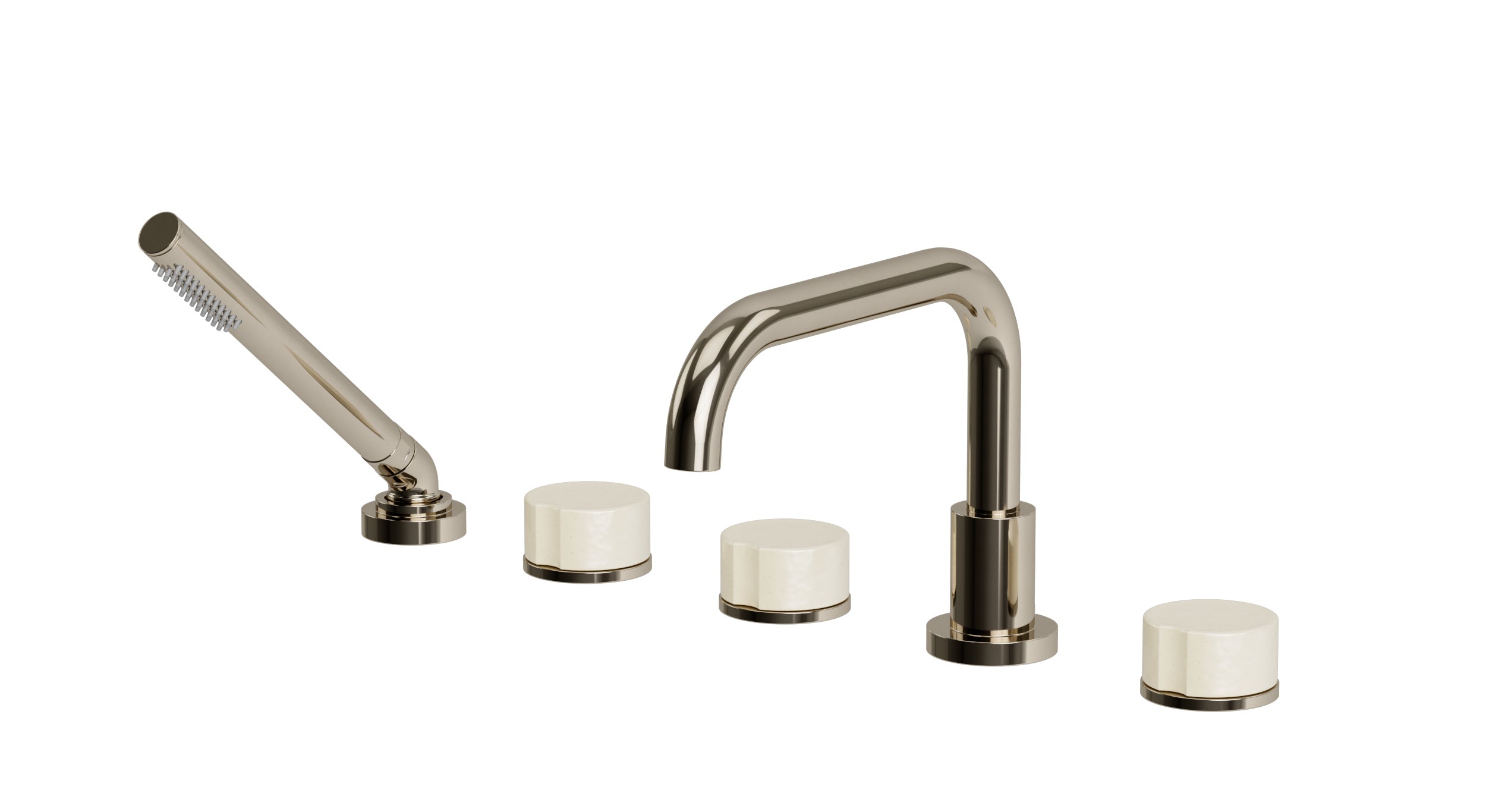 Foundry Three Handle Deck Mount Squaretop Bath Trim with Hand Shower and Groove Ceramic Knob Handles in Polished Nickel