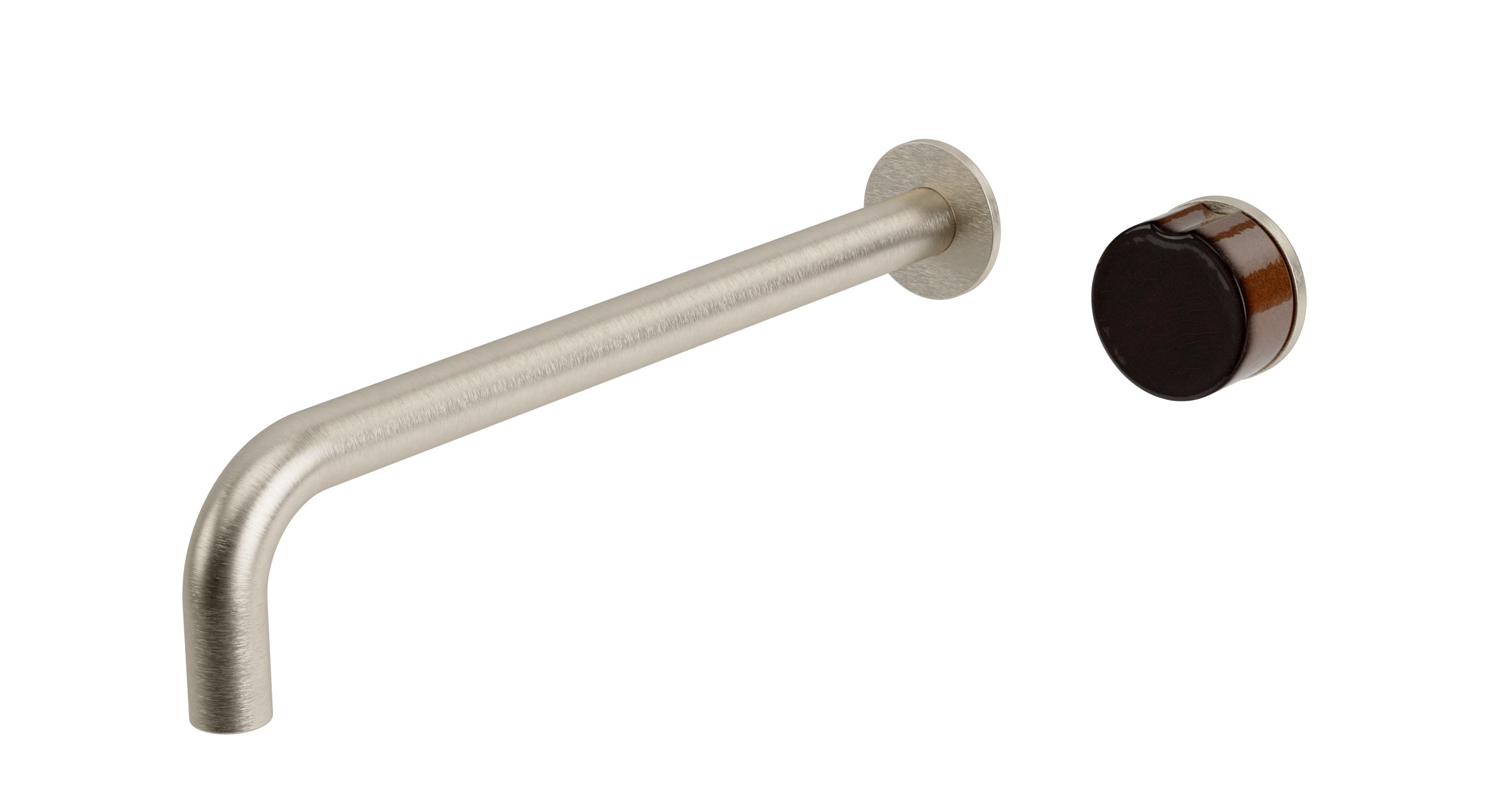 Foundry One Handle Wall Mount 12" Lavatory Faucet with Pebble Ceramic Knob Handle in Satin Nickel