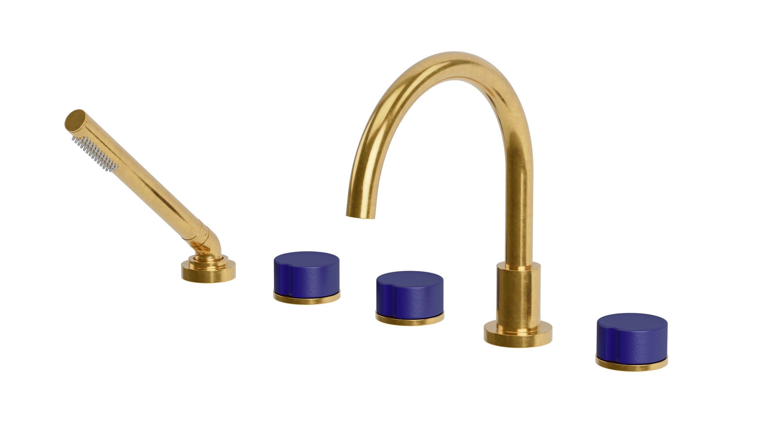 Foundry Three Handle Deck Mount Gooseneck Bath Trim with Hand Shower and Groove Ceramic Knob Handles in French Brass