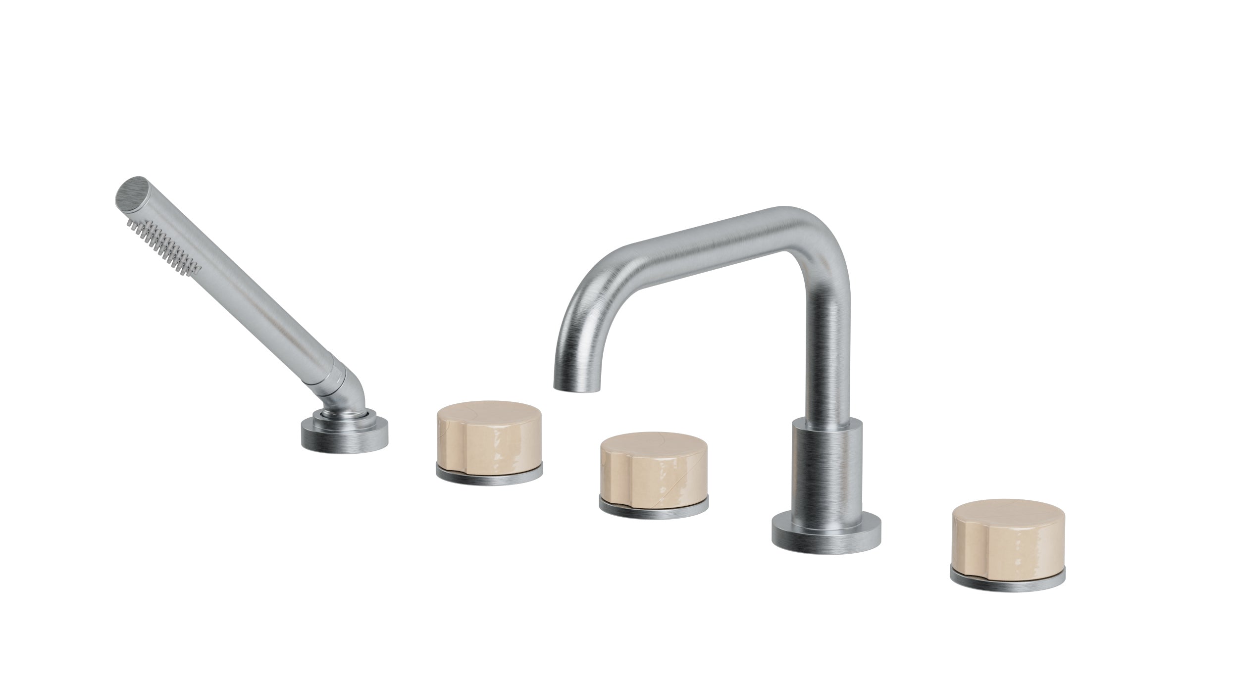 Foundry Three Handle Deck Mount Squaretop Bath Trim with Hand Shower and Groove Ceramic Knob Handles in Satin Chrome