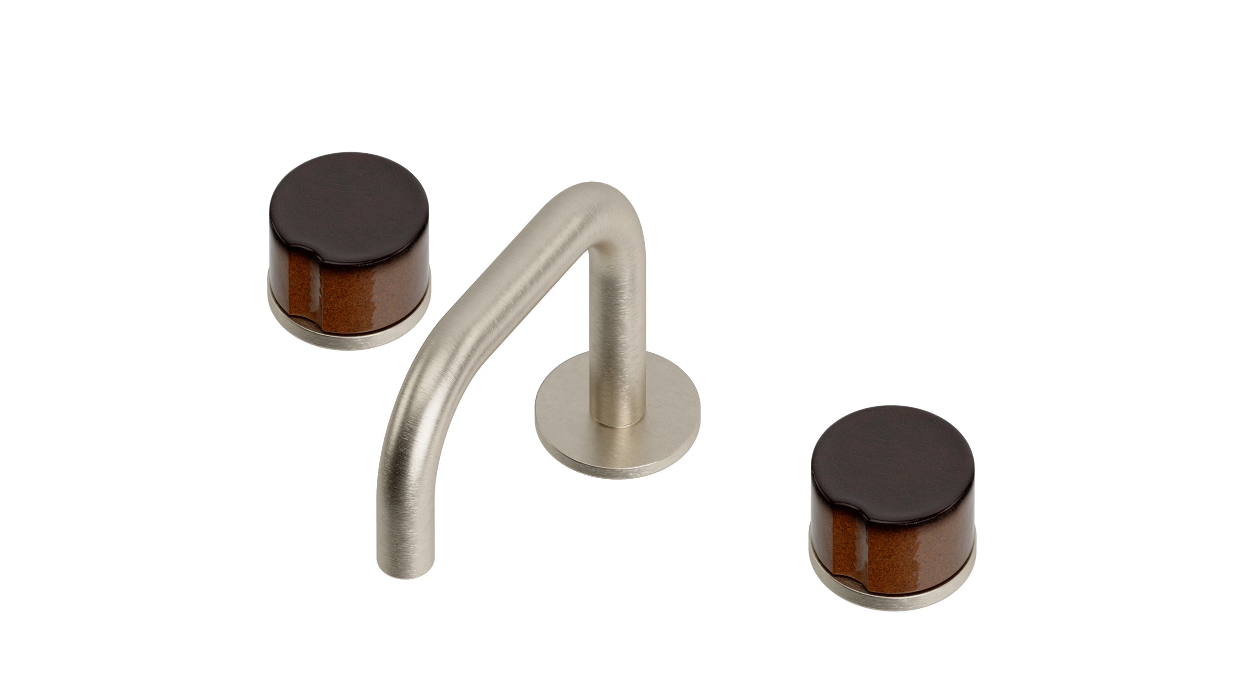 Foundry Two Handle Deck Mount Squaretop Lavatory Faucet with Groove Ceramic Knob Handles in Satin Nickel