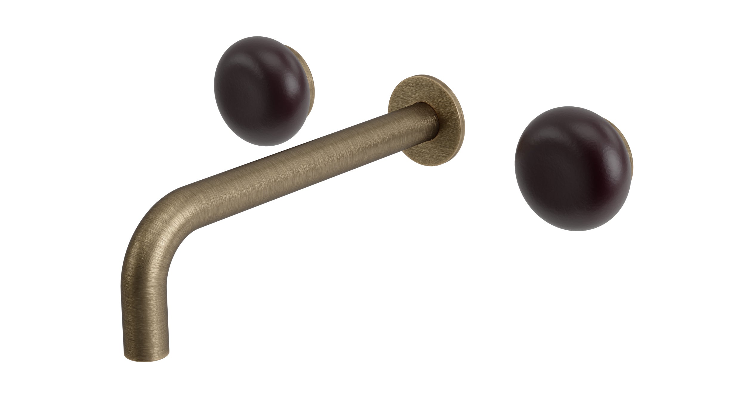 Foundry Two Handle Wall Mount 7.5" Lavatory Faucet with Pebble Ceramic Knob Handles in Antique Brass