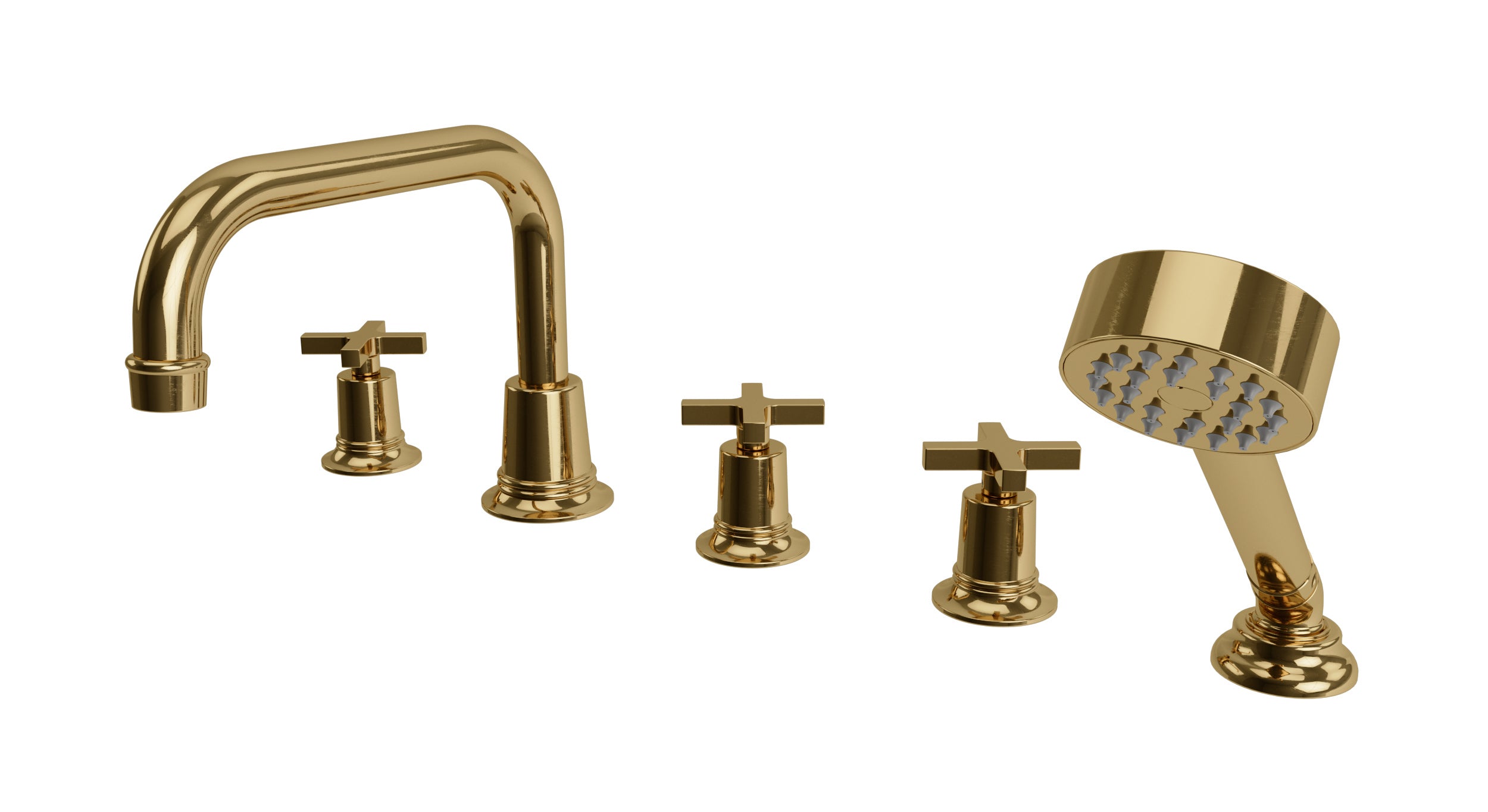 Emerson Three Handle Deck Mount Squaretop Bath Trim with Hand Shower and Classic Cross Handles in Uncoated Polished Brass