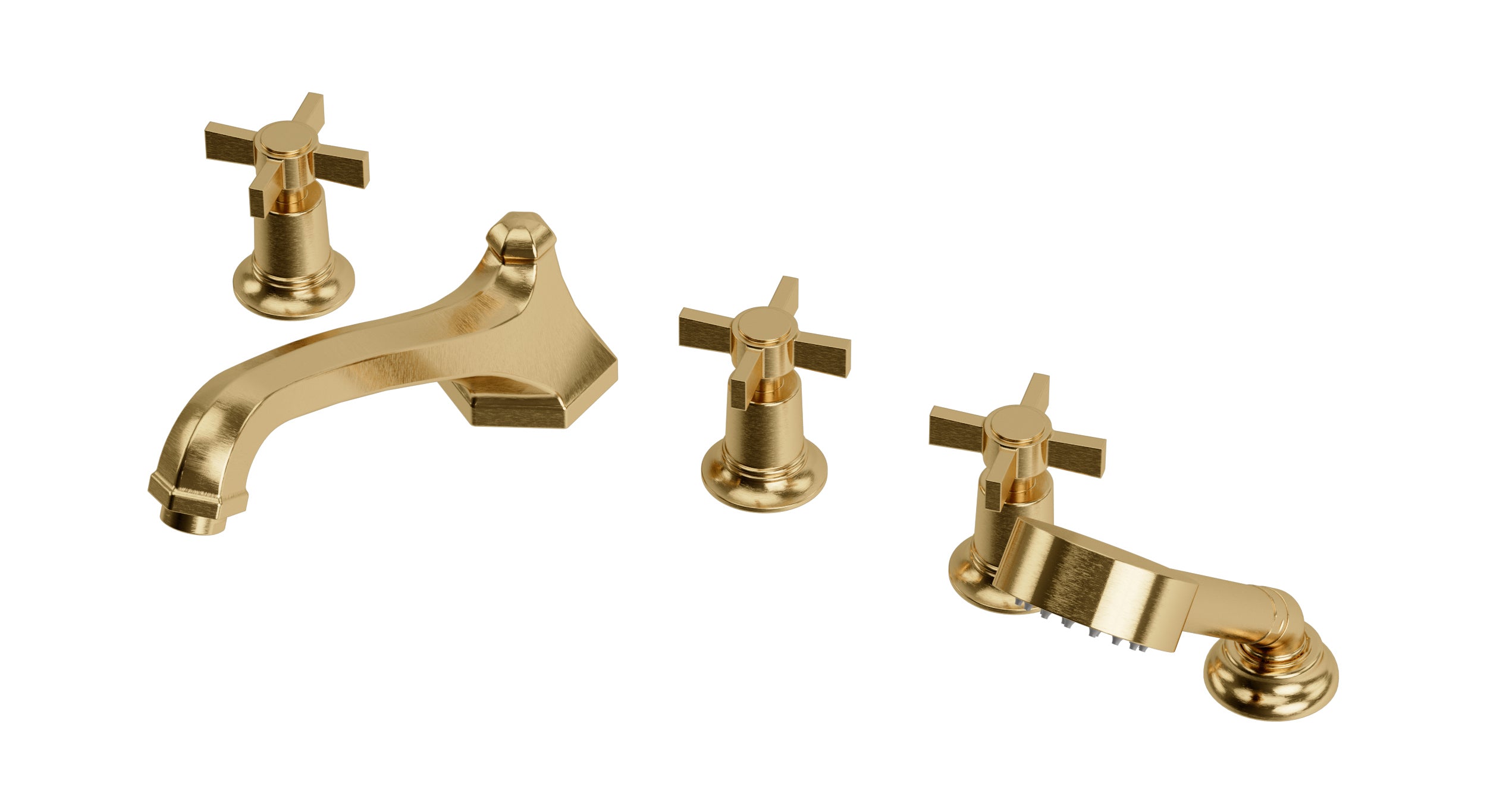 Emerson Three Handle Deck Mount Low Hexagon Bath Trim with Hand Shower and Defined Cross Handles in Satin Brass