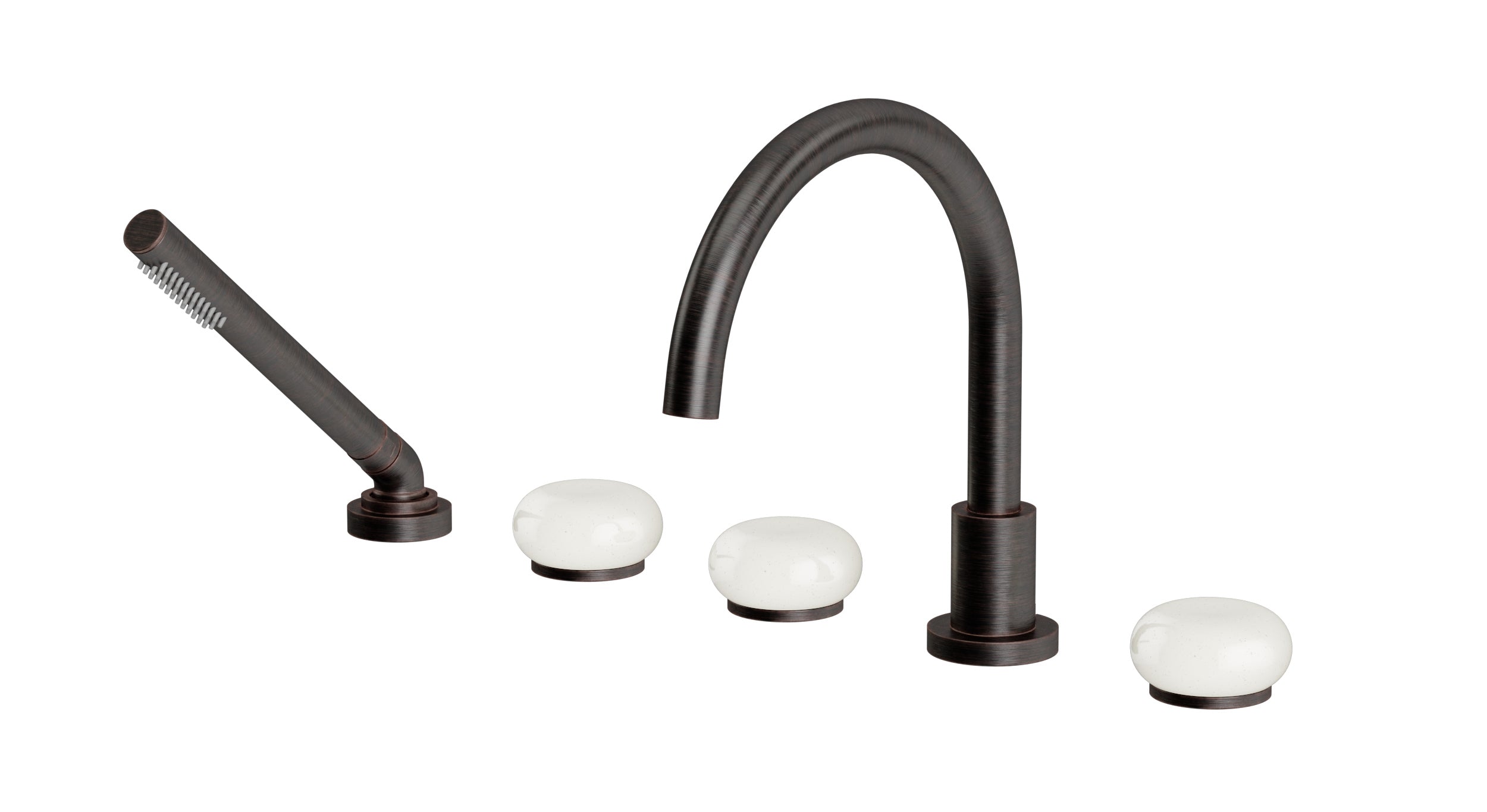 Foundry Three Handle Deck Mount Gooseneck Bath Trim with Hand Shower and Pebble Ceramic Knob Handles in Antique Bronze