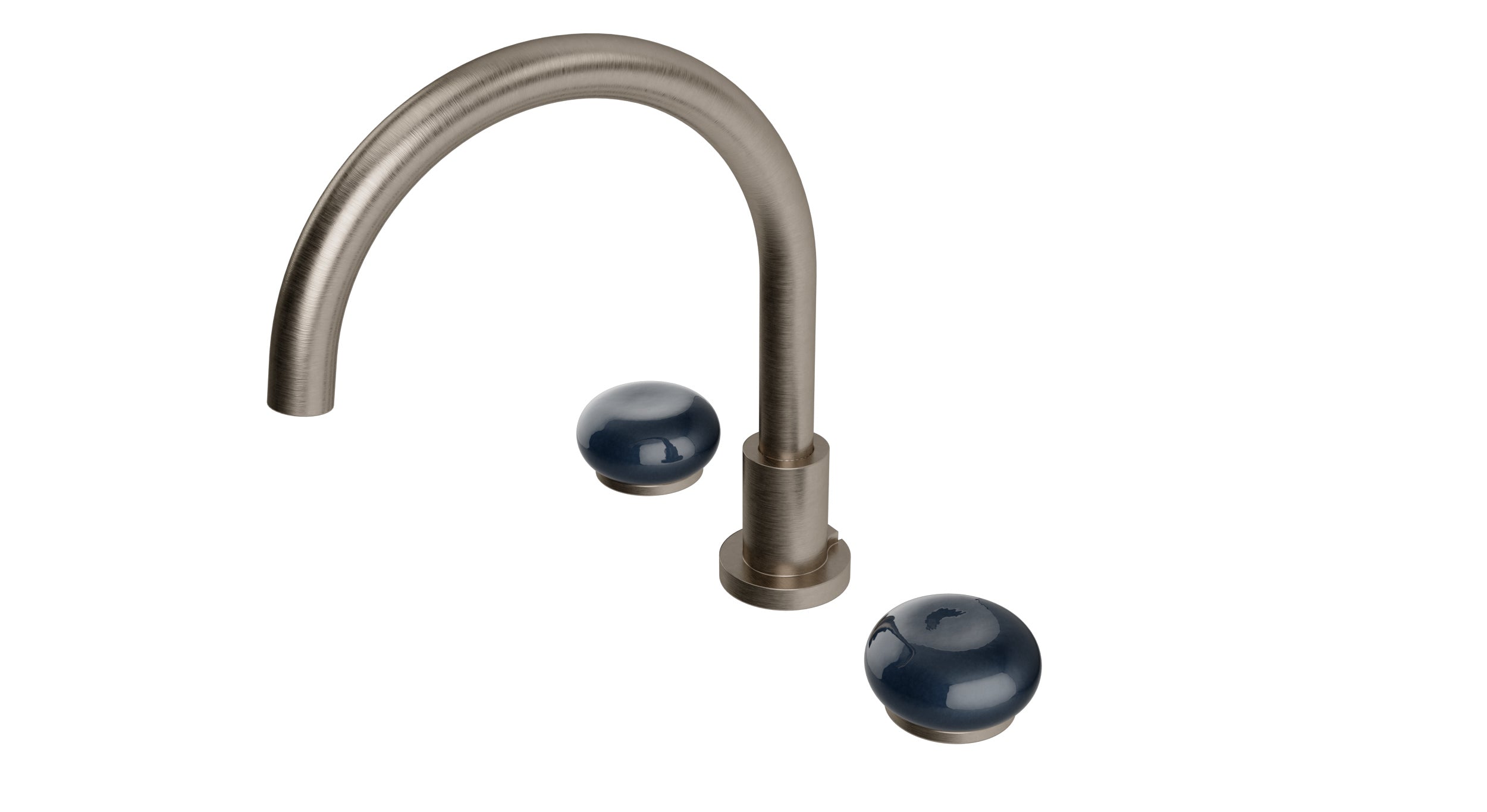 Foundry Two Handle Deck Mount Gooseneck Bath Trim with Pebble Ceramic Knob Handles in Antique Nickel
