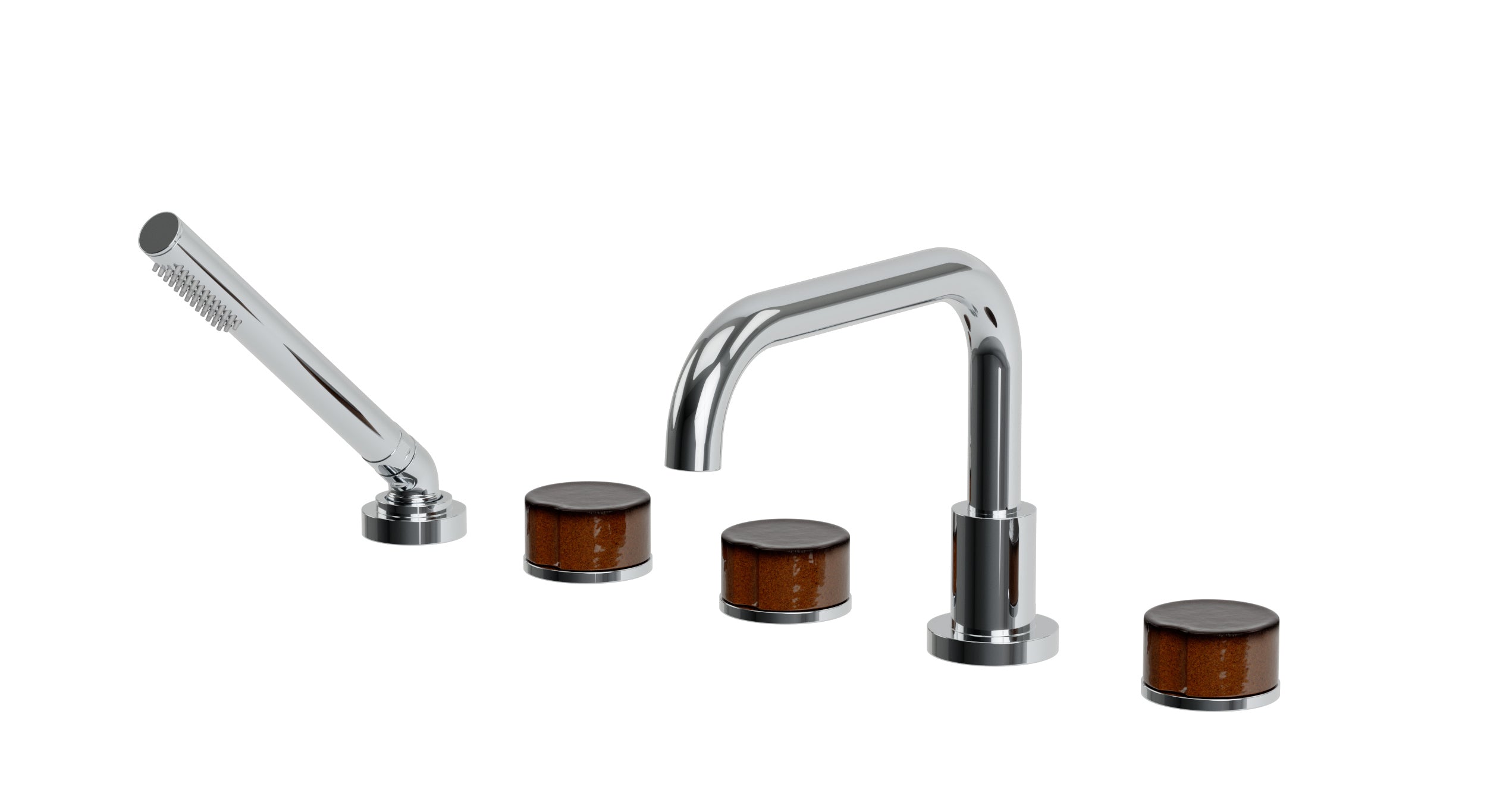Foundry Three Handle Deck Mount Squaretop Bath Trim with Hand Shower and Groove Ceramic Knob Handles in Polished Chrome