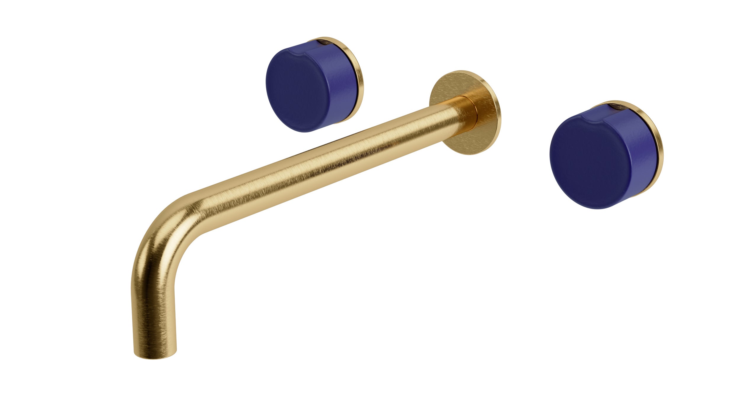 Foundry Two Handle Wall Mount 10" Lavatory Faucet with Groove Ceramic Knob Handles in Satin Brass