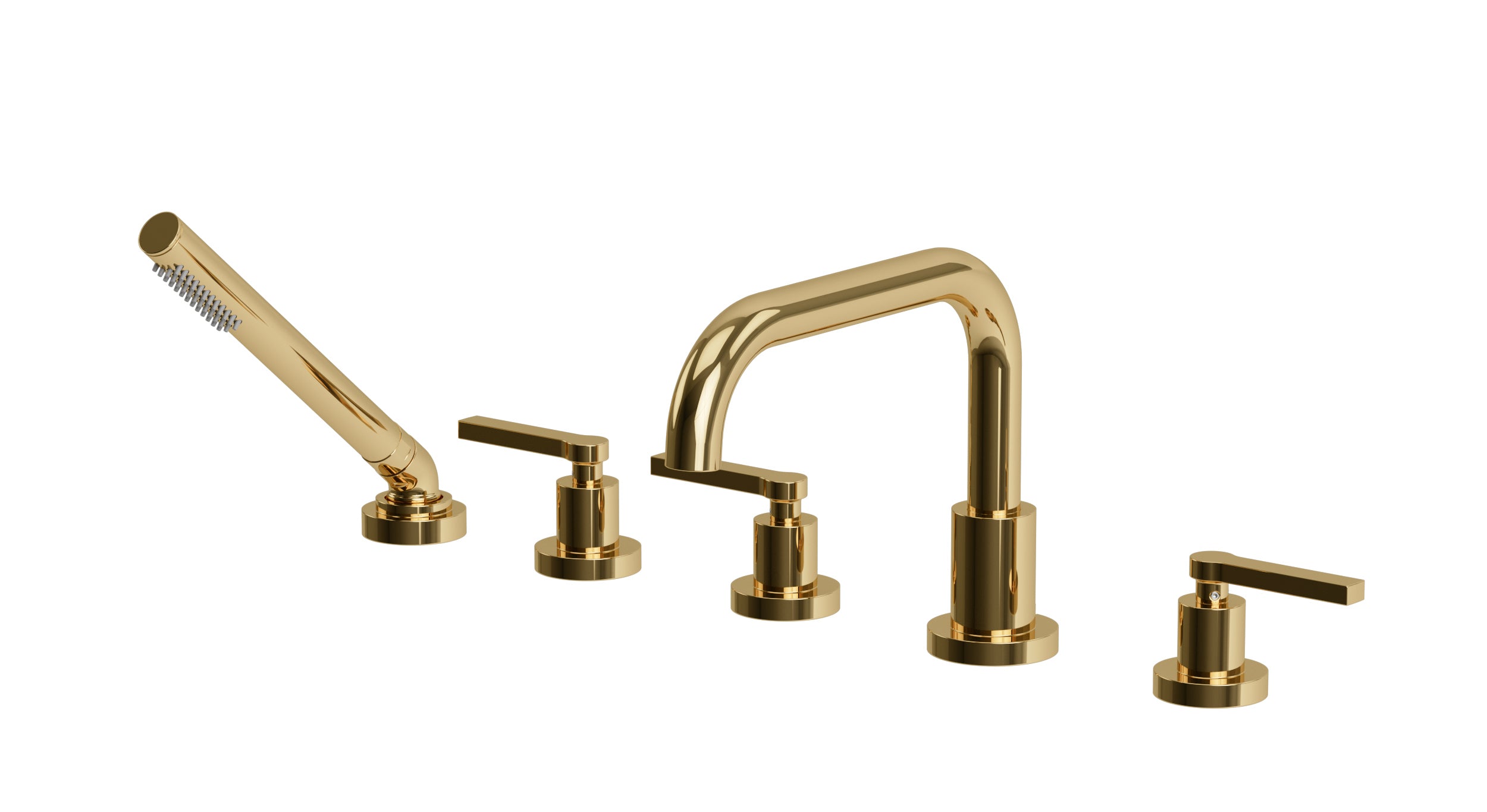 Flatiron Three Handle Deck Mount Squaretop Bath Trim with Hand Shower and Linear Lever Handles in Polished Brass