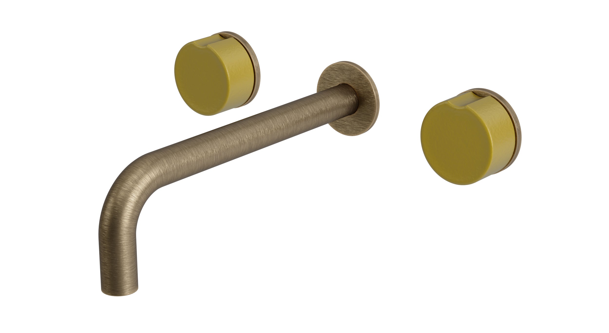 Foundry Two Handle Wall Mount 7.5" Lavatory Faucet with Groove Ceramic Knob Handles in Antique Brass