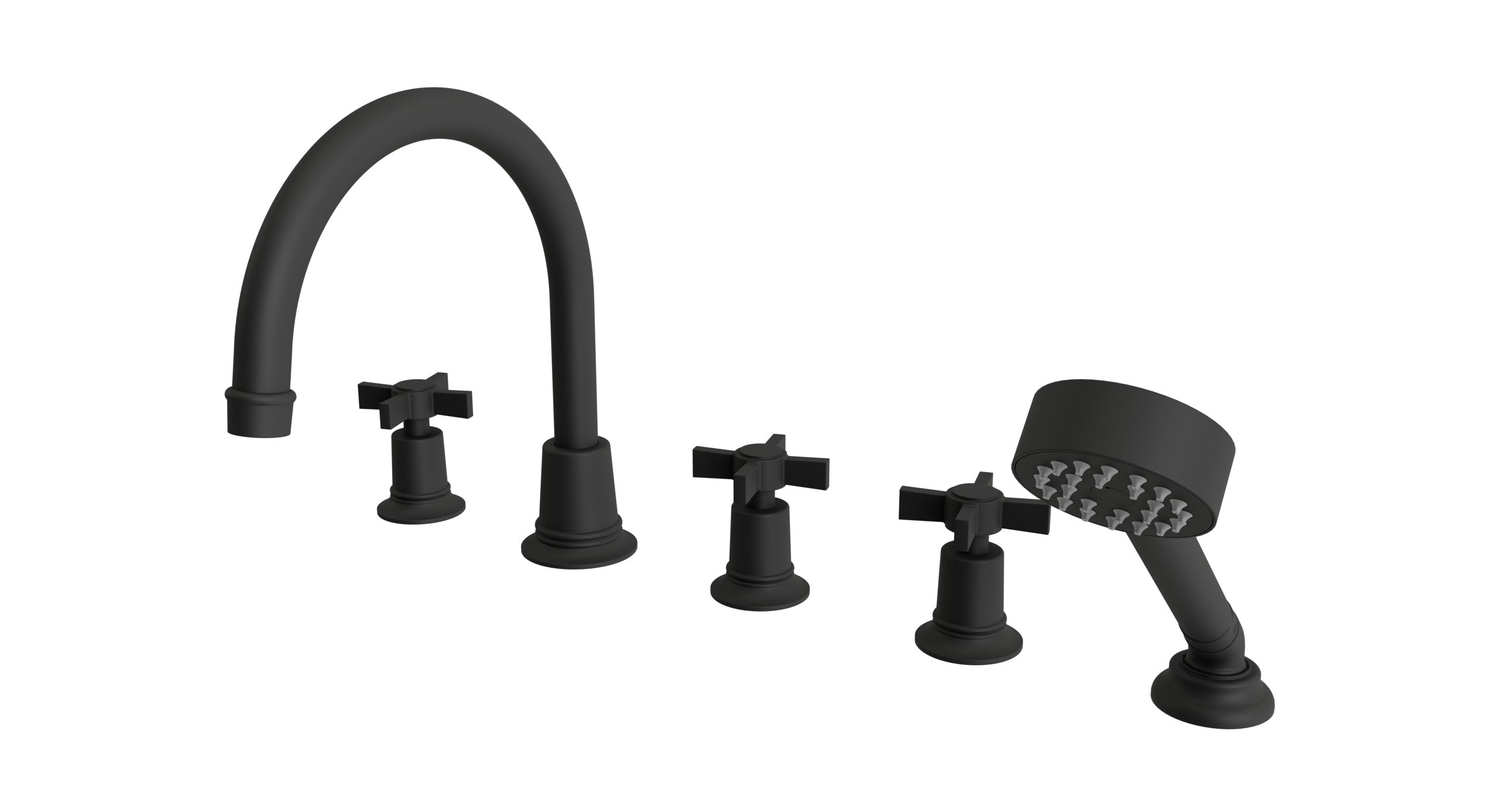 Emerson Three Handle Deck Mount Gooseneck Bath Trim with Hand Shower and Defined Cross Handles in Matte Black
