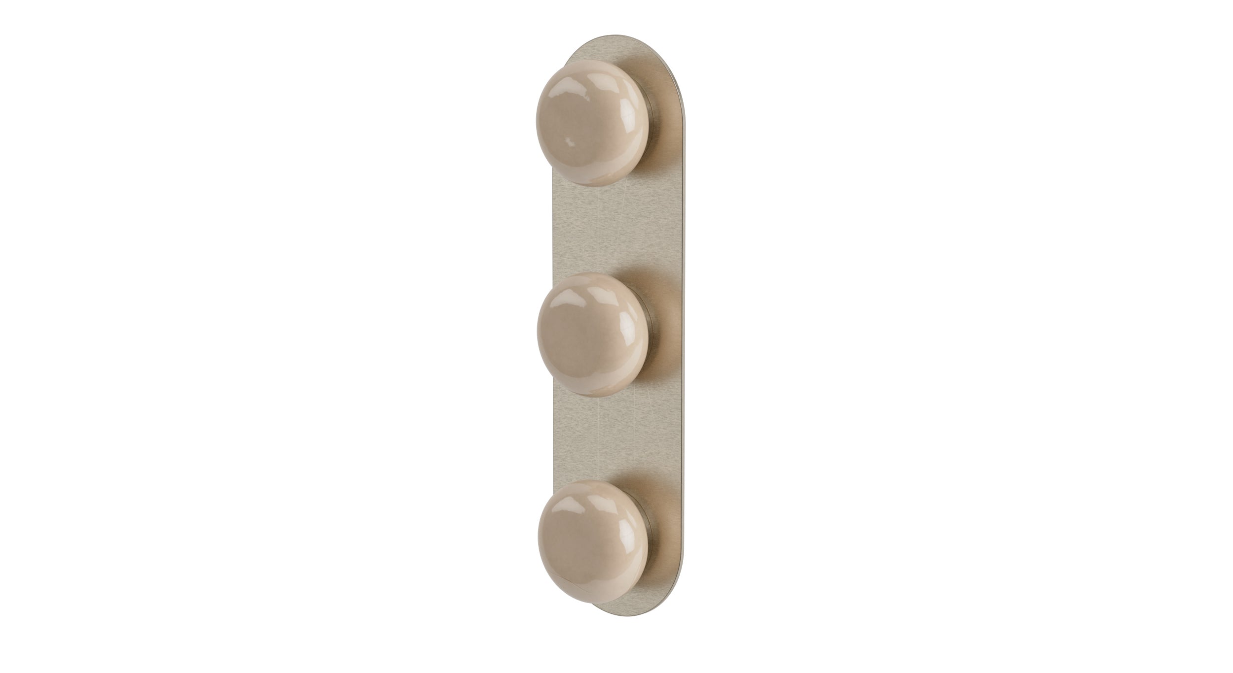 Foundry Three Handle Wall Mount Shower Trim with Pebble Ceramic Knob Handles in Satin Nickel