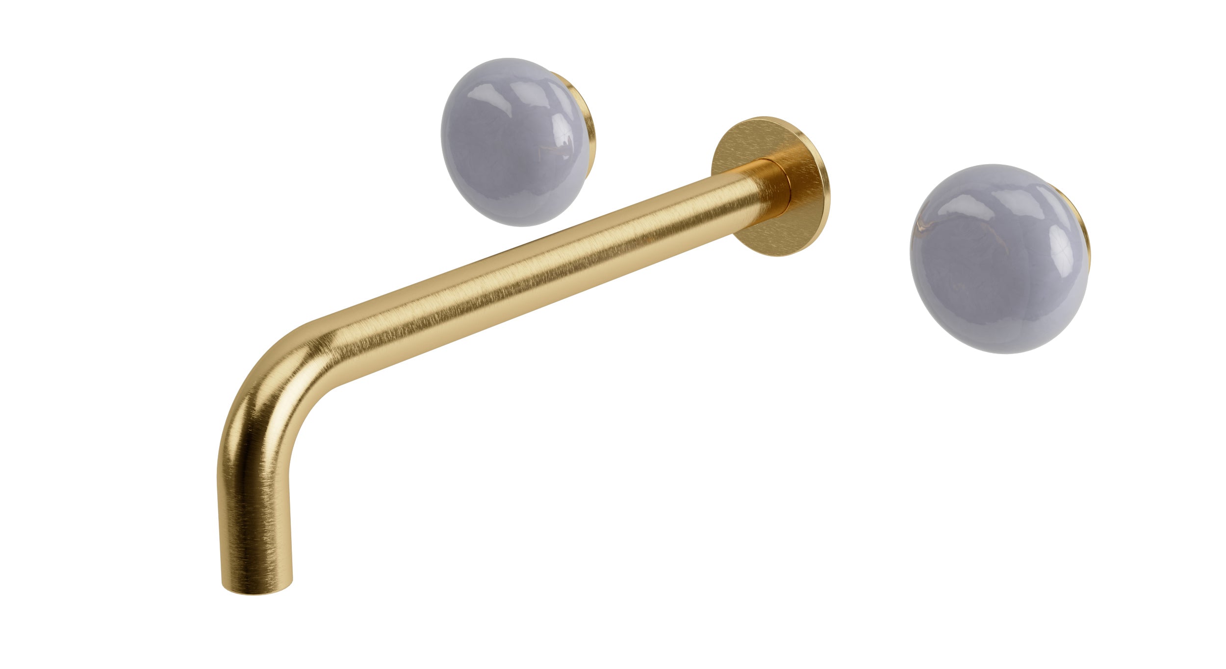 Foundry Two Handle Wall Mount 10" Lavatory Faucet with Pebble Ceramic Knob Handles in Satin Brass
