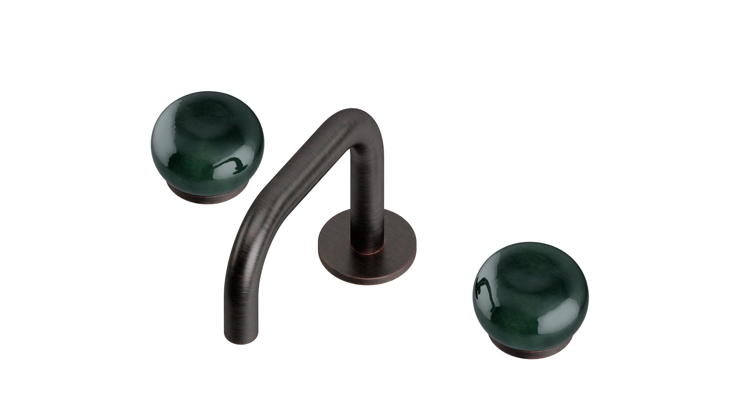 Foundry Two Handle Deck Mount Squaretop Lavatory Faucet with Pebble Ceramic Knob Handles in Antique Bronze