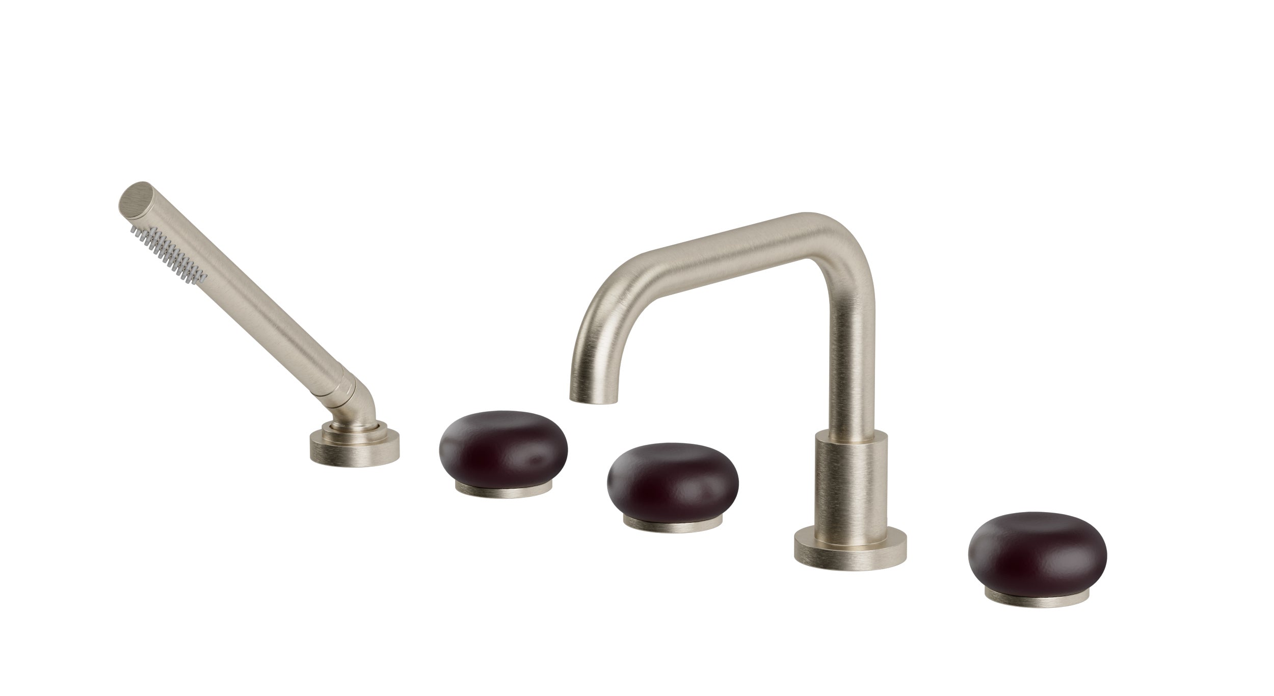 Foundry Three Handle Deck Mount Squaretop Bath Trim with Hand Shower and Pebble Ceramic Knob Handles in Satin Nickel