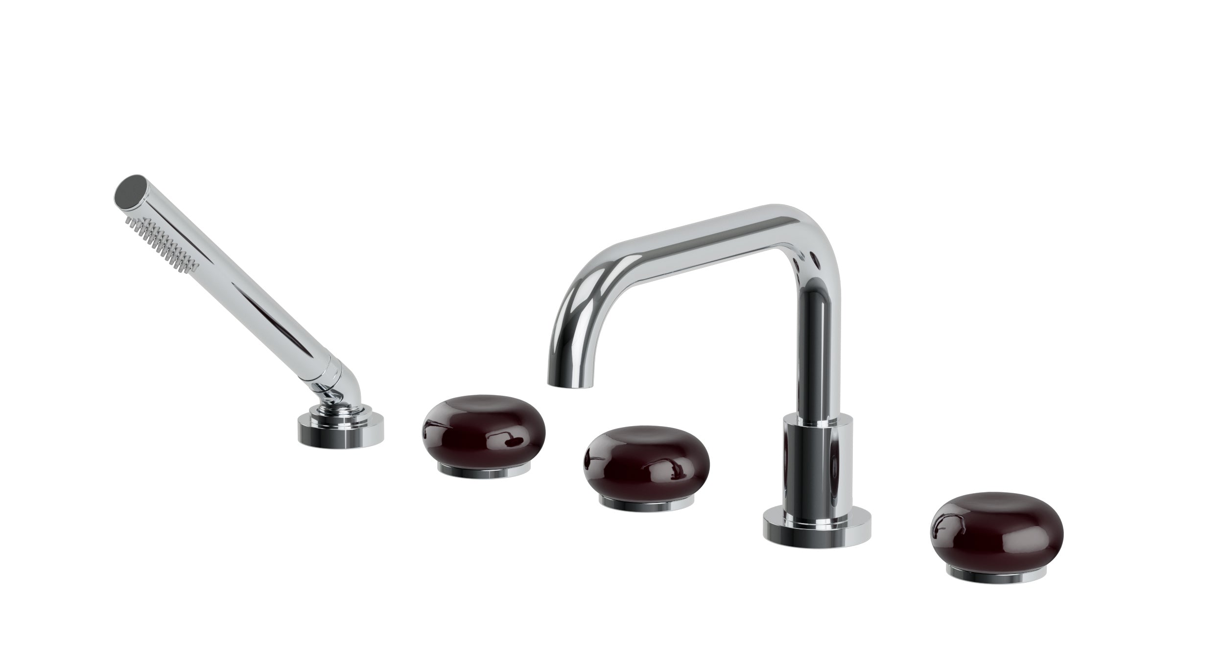 Foundry Three Handle Deck Mount Squaretop Bath Trim with Hand Shower and Pebble Ceramic Knob Handles in Polished Chrome
