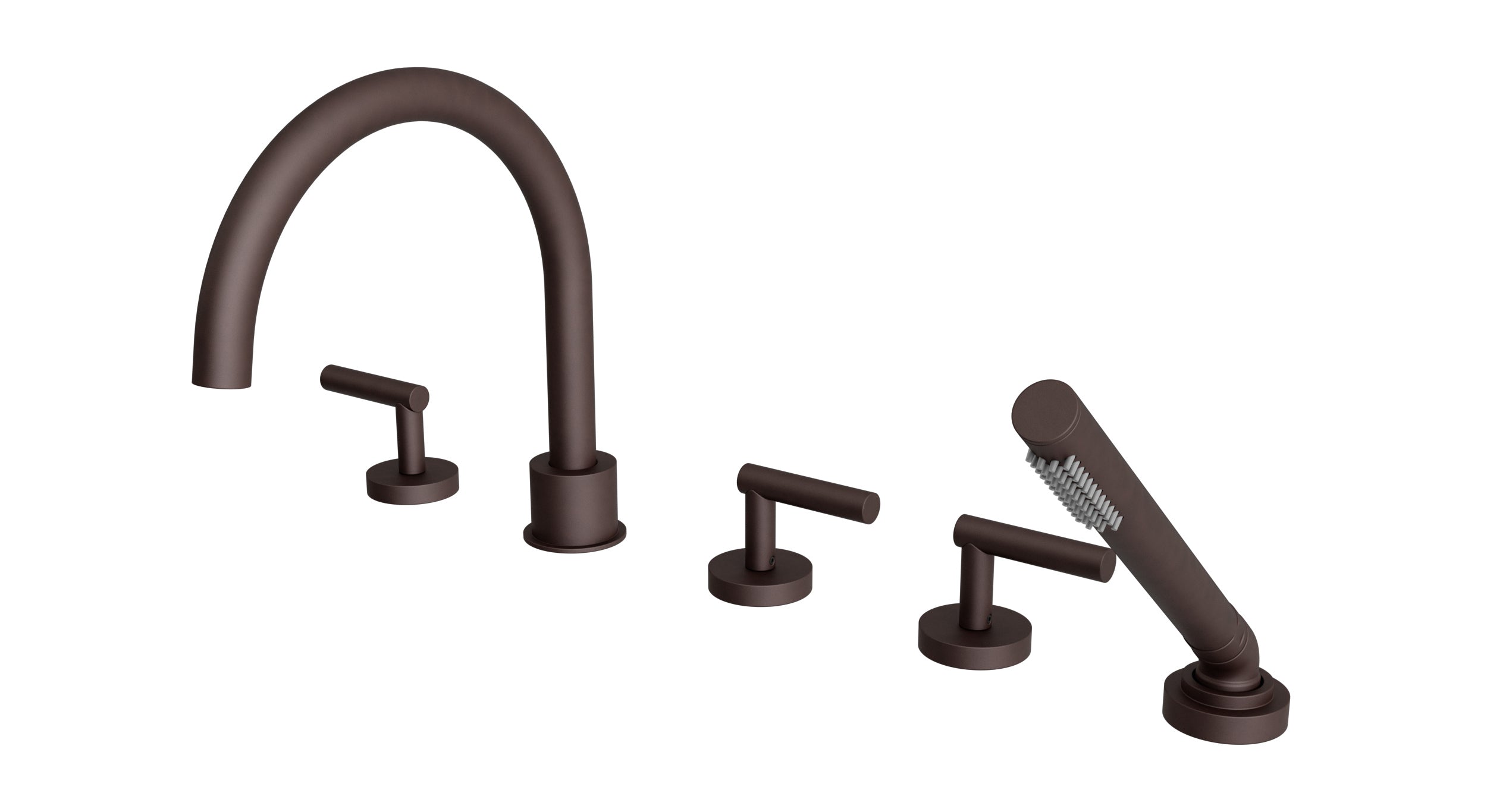Contour Three Handle Deck Mount Gooseneck Bath Trim with Hand Shower and Soft Lever Handles in Architectural Copper