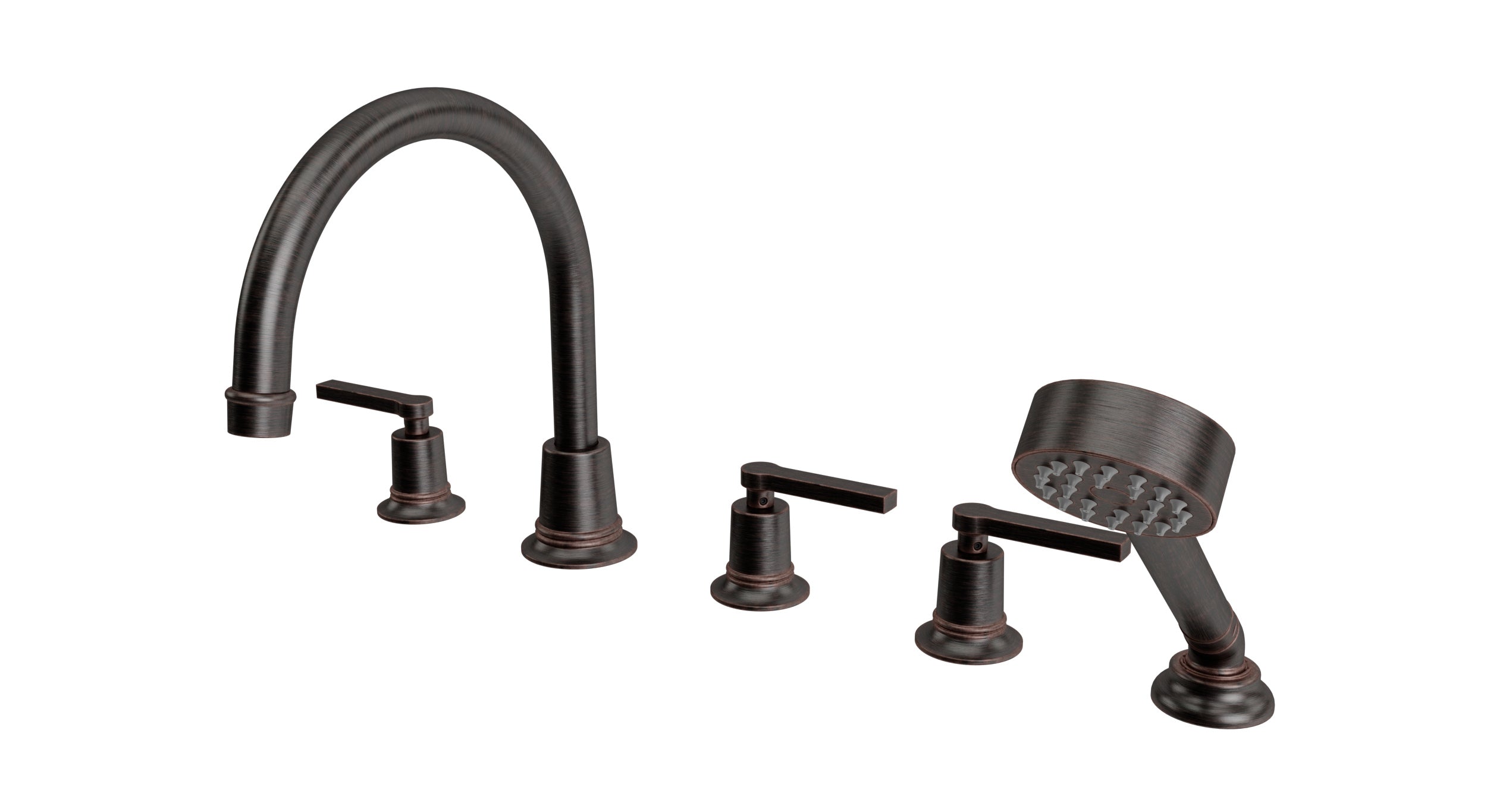 Emerson Three Handle Deck Mount Gooseneck Bath Trim with Hand Shower and Classic Lever Handles in Antique Bronze