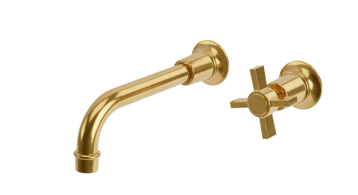 Emerson One Handle Wall Mount 8.25" Lavatory Faucet with Defined Cross Handle in French Brass