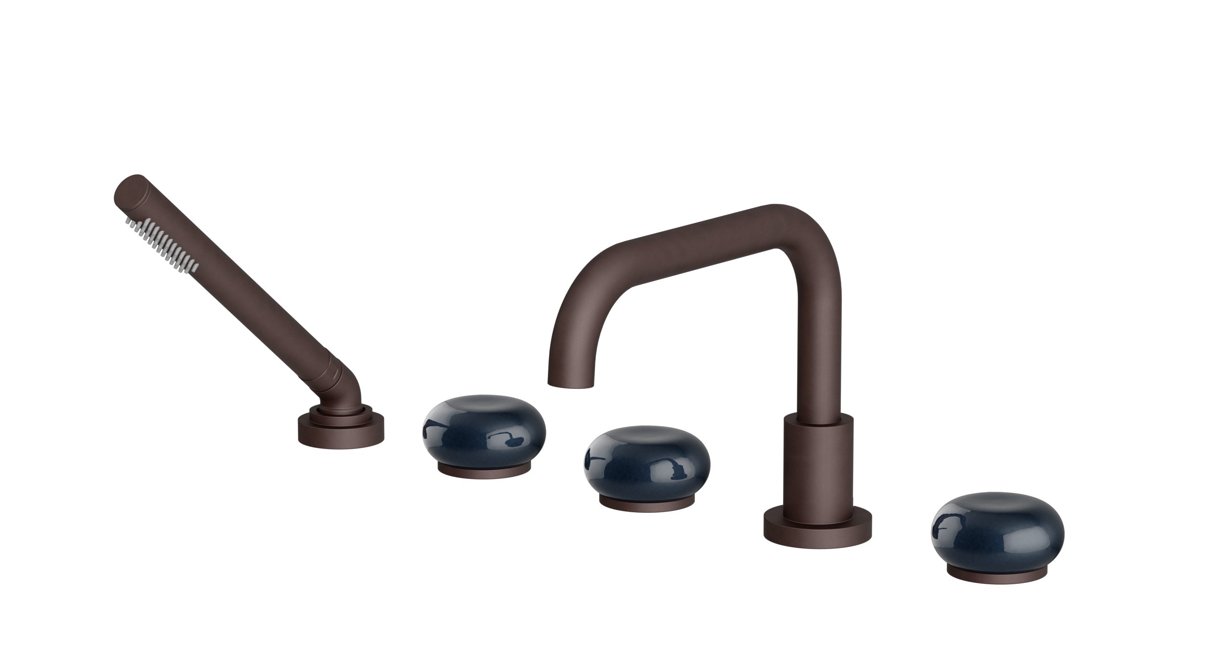 Foundry Three Handle Deck Mount Squaretop Bath Trim with Hand Shower and Pebble Ceramic Knob Handles in Architectural Copper