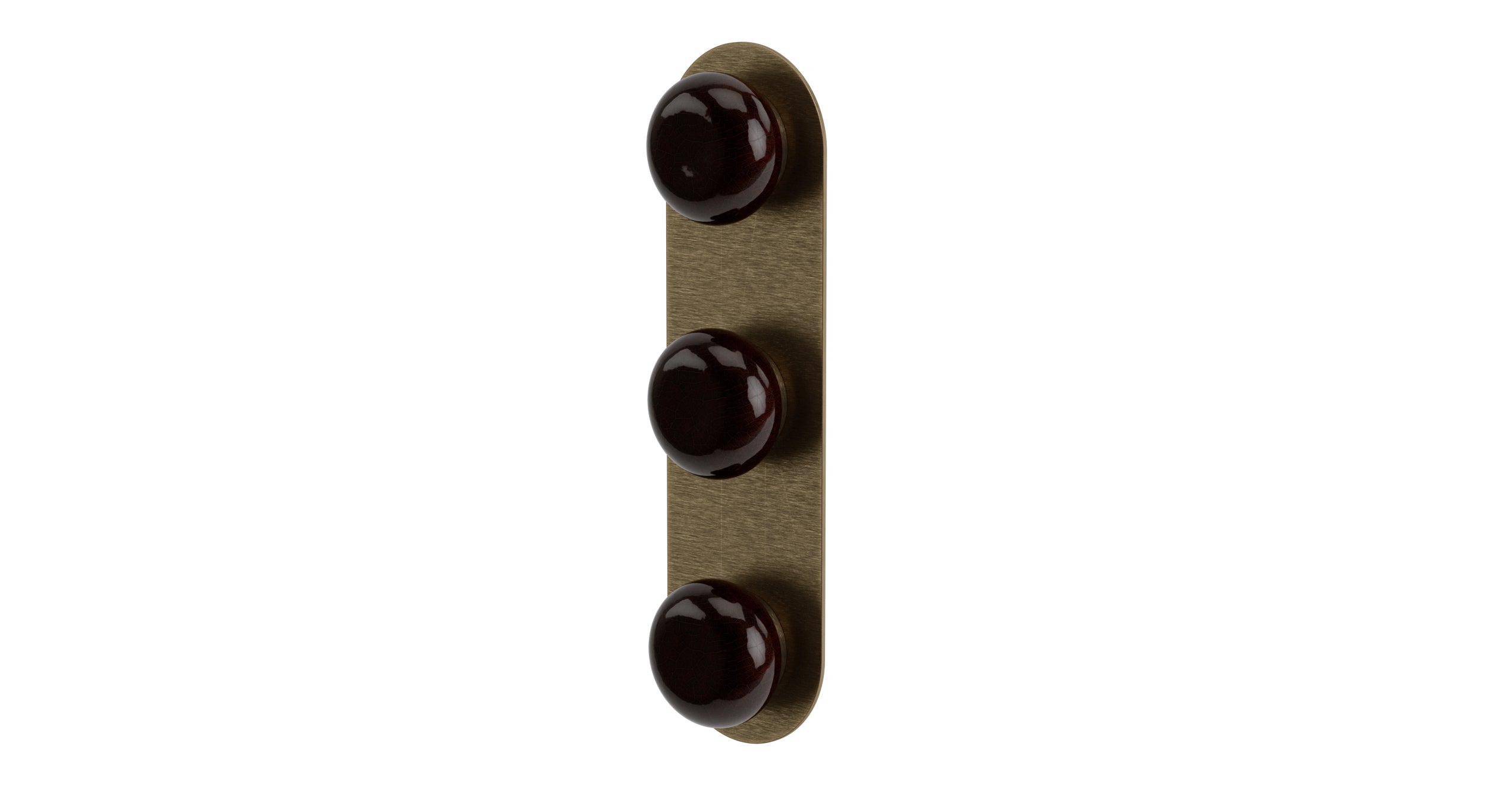 Foundry Three Handle Wall Mount Shower Trim with Pebble Ceramic Knob Handles in Antique Brass