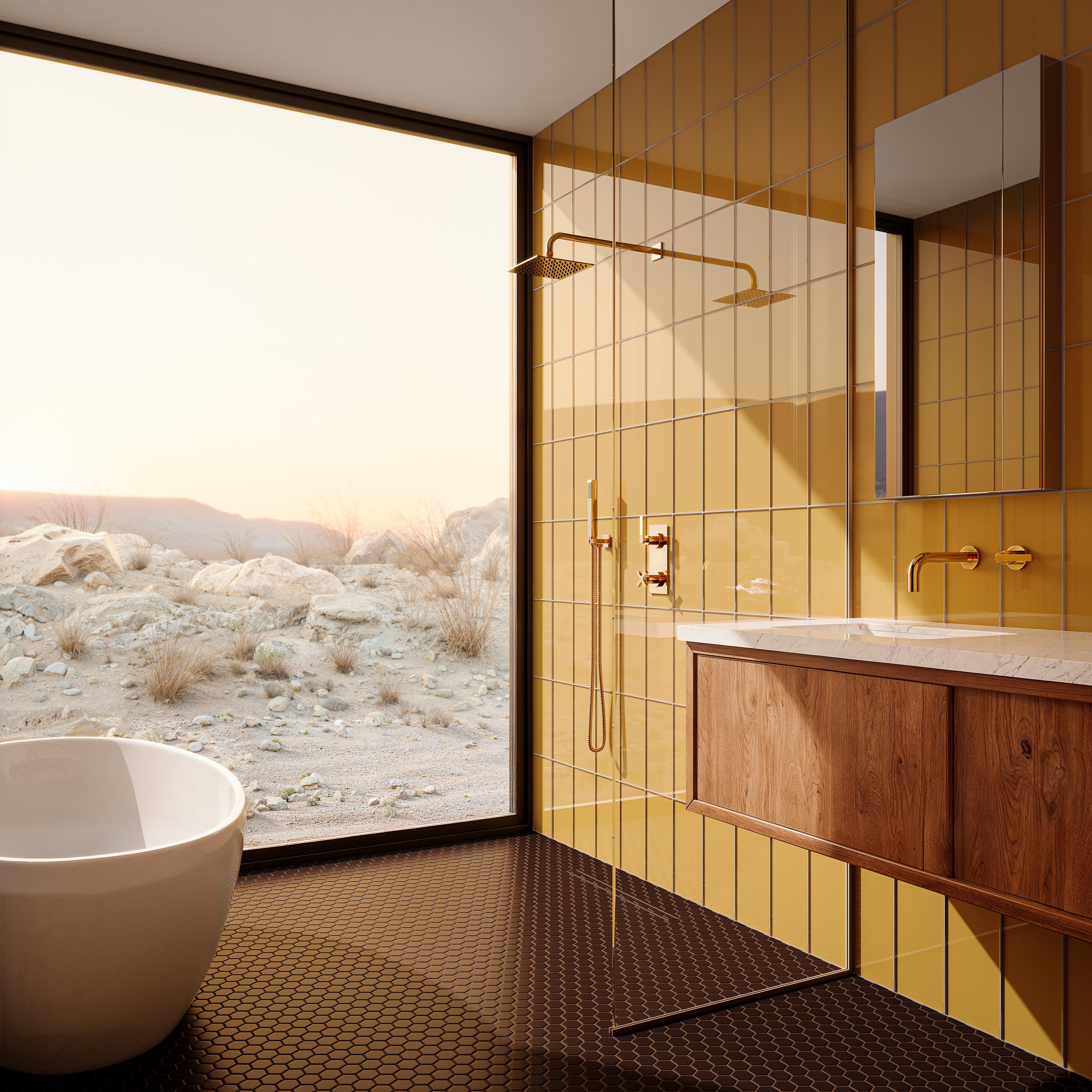 Flatiron Two Handle Wall Mount Shower Trim with Linear Cross/Linear Lever Handles in Polished Brass