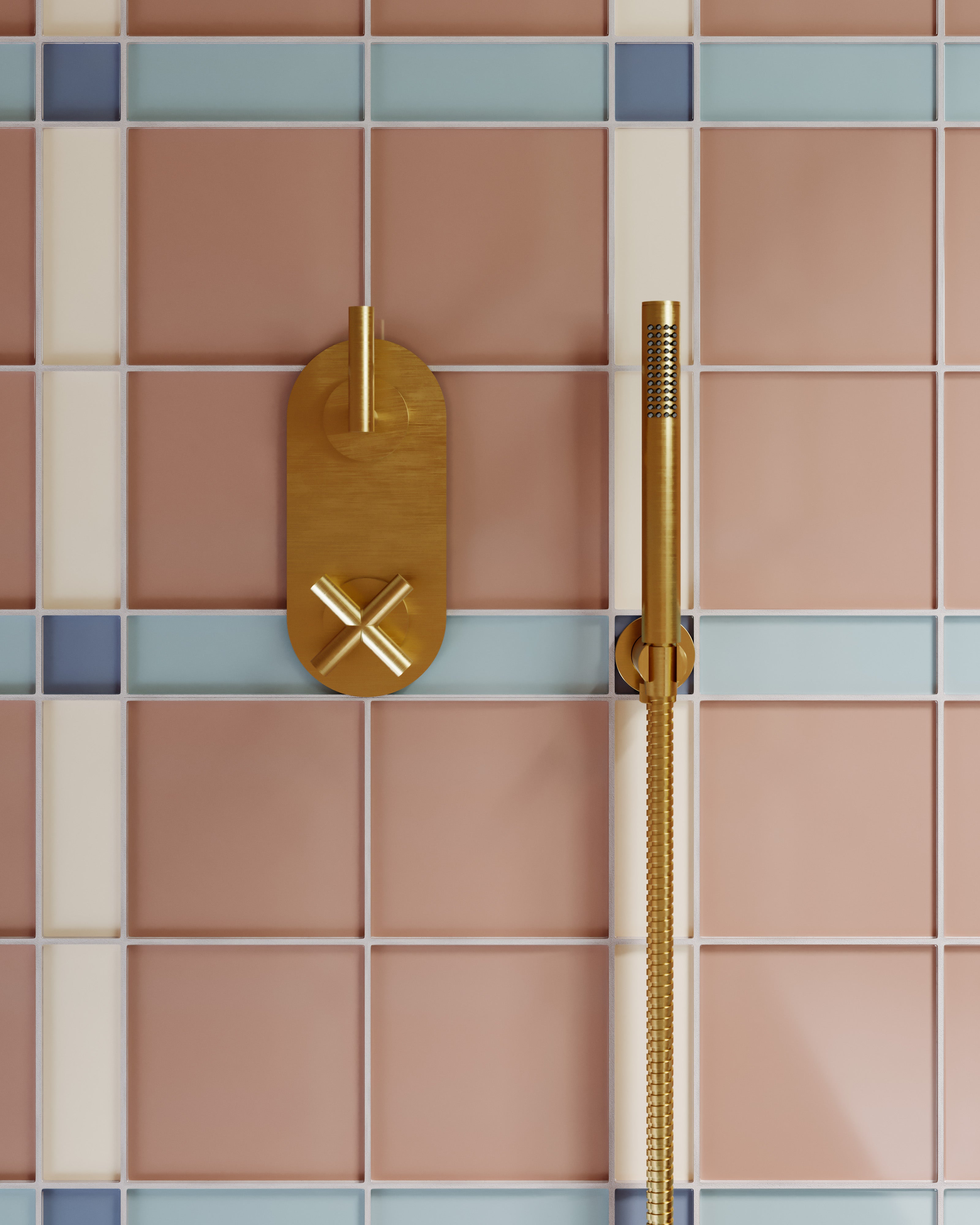 Contour Two Handle Wall Mount Shower Trim with Soft Cross/Soft Lever Handles in Satin Brass