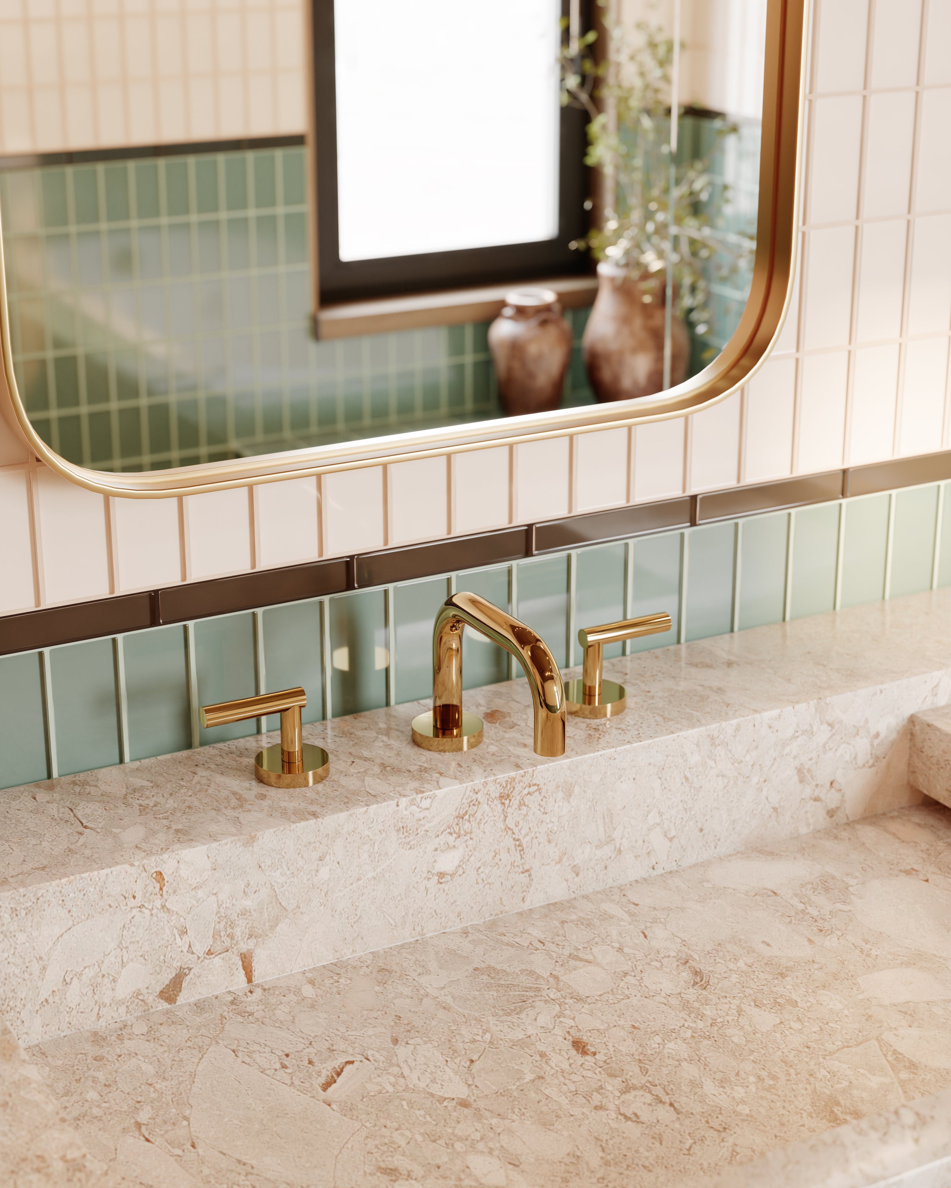 Contour Two Handle Deck Mount Squaretop Lavatory Faucet with Soft Lever Handles in Polished Brass