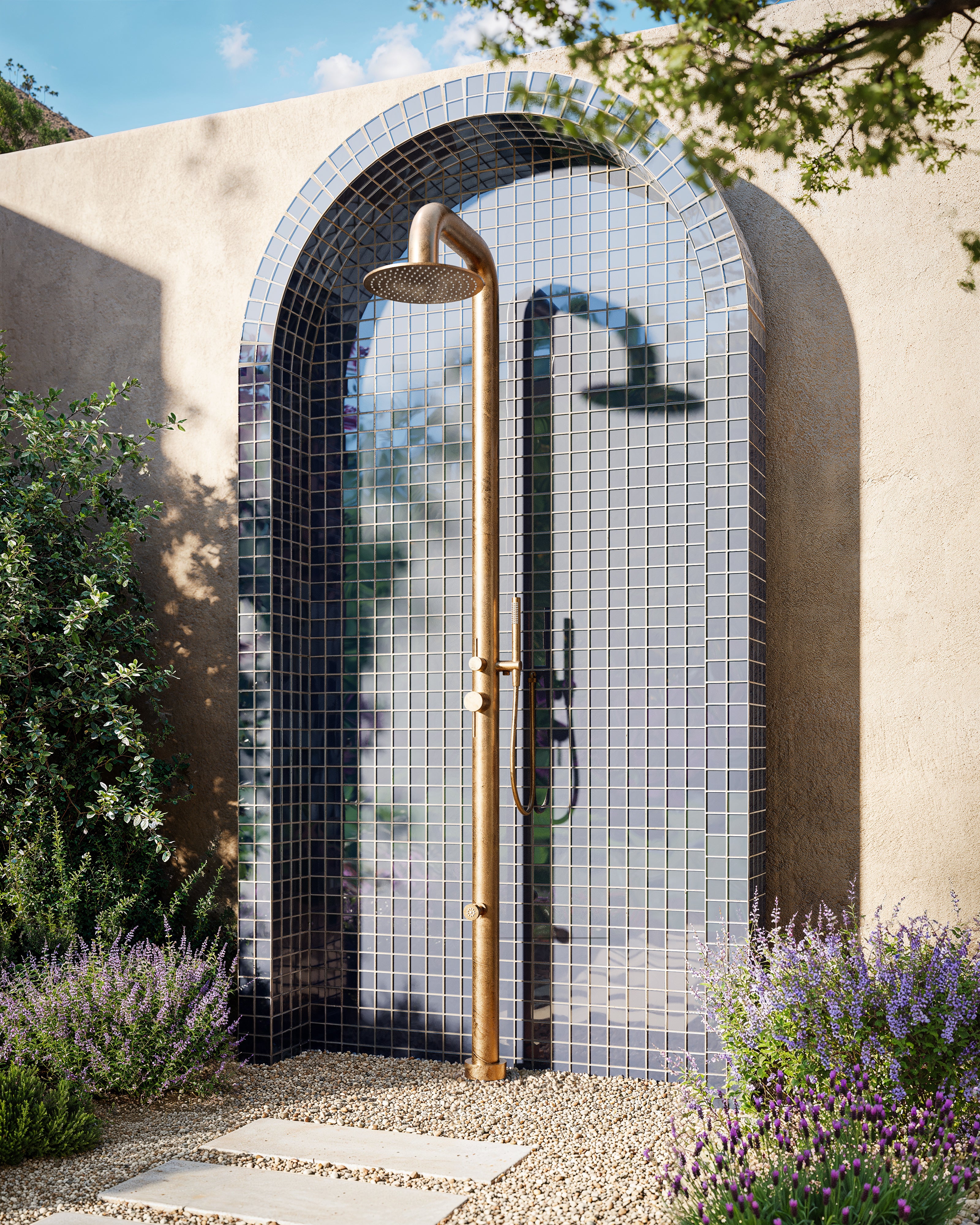 Contour Outdoor Shower Pressure Balance with 12" Rain Head, Hand Shower, and Foot Wash in Uncoated Polished Brass