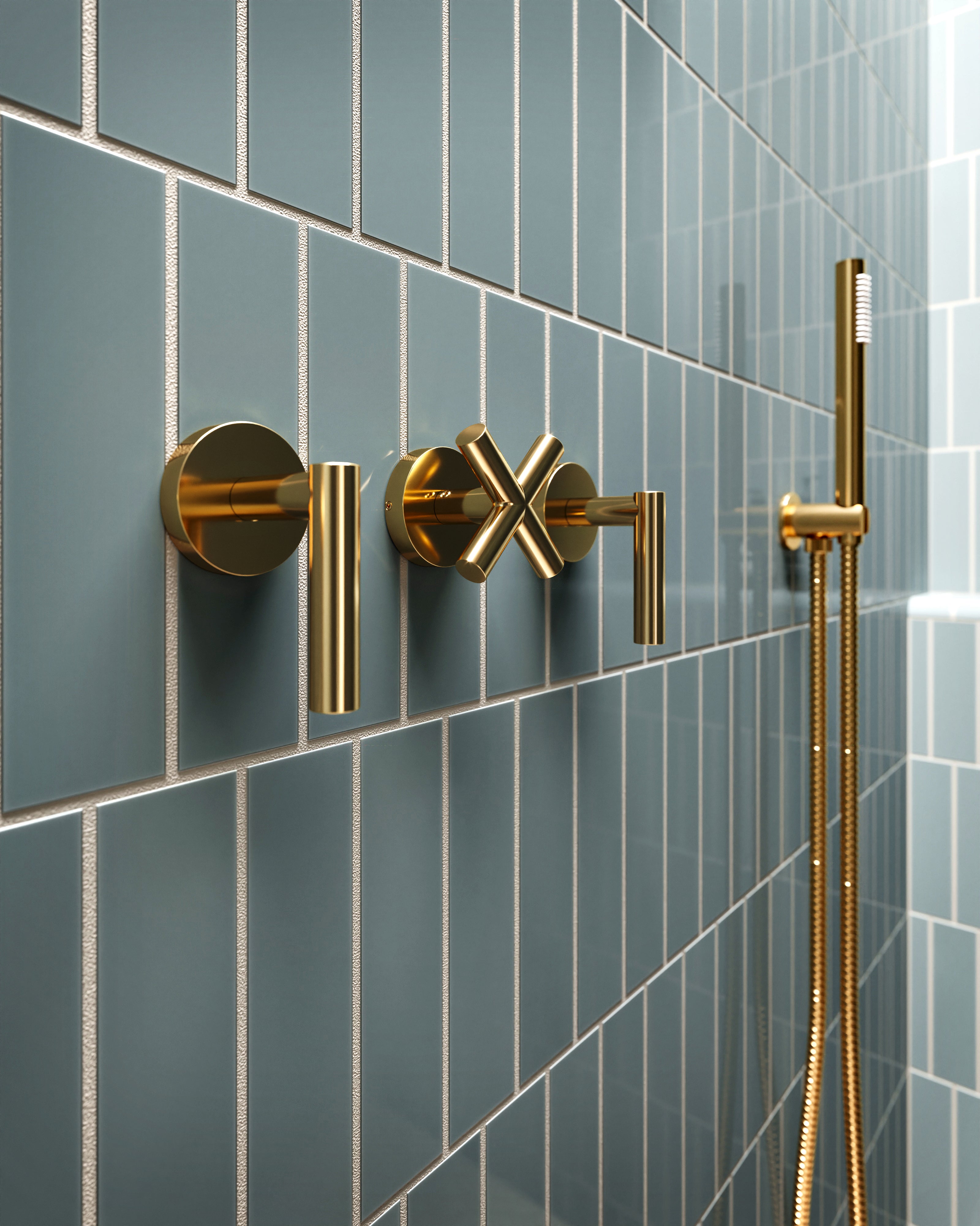 Contour Three Handle Wall Mount Bath Trim with Diverter/Volume Control and Soft Cross/Soft Lever Handles in Polished Brass
