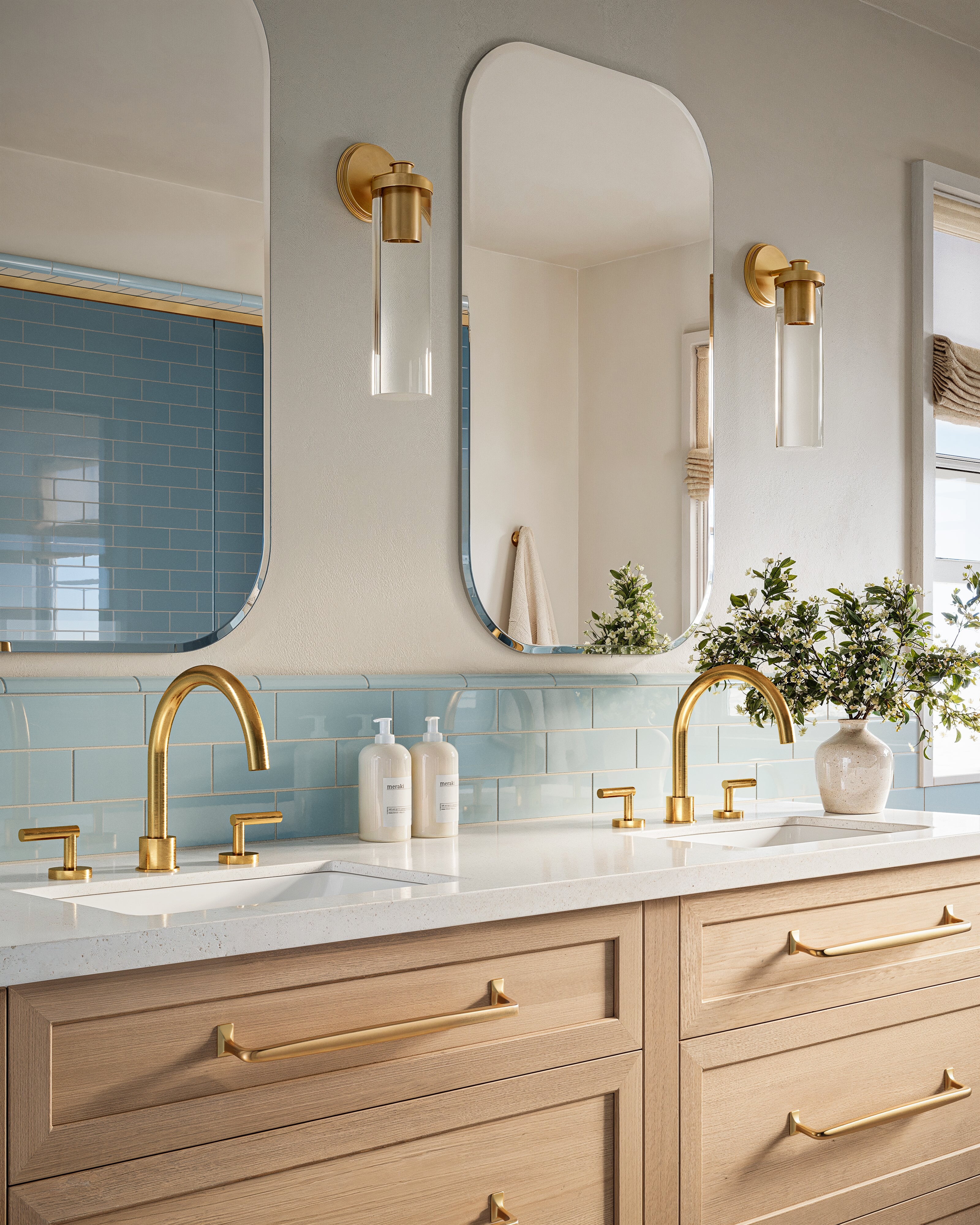Contour Two Handle Deck Mount Gooseneck Bath Trim with Soft Lever Handles in Satin Brass