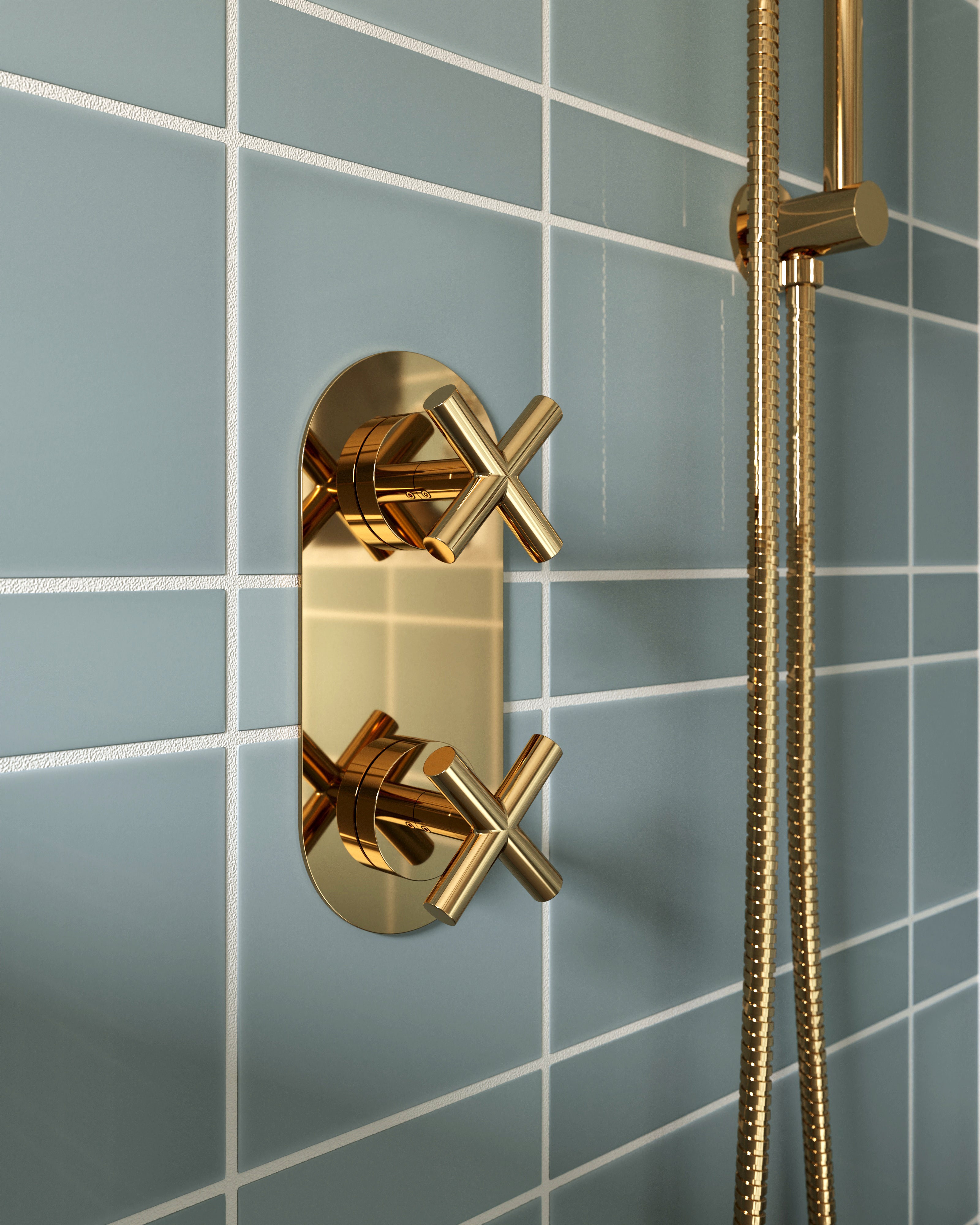 Contour Two Handle Wall Mount Shower Trim with Soft Cross Handles in Polished Brass