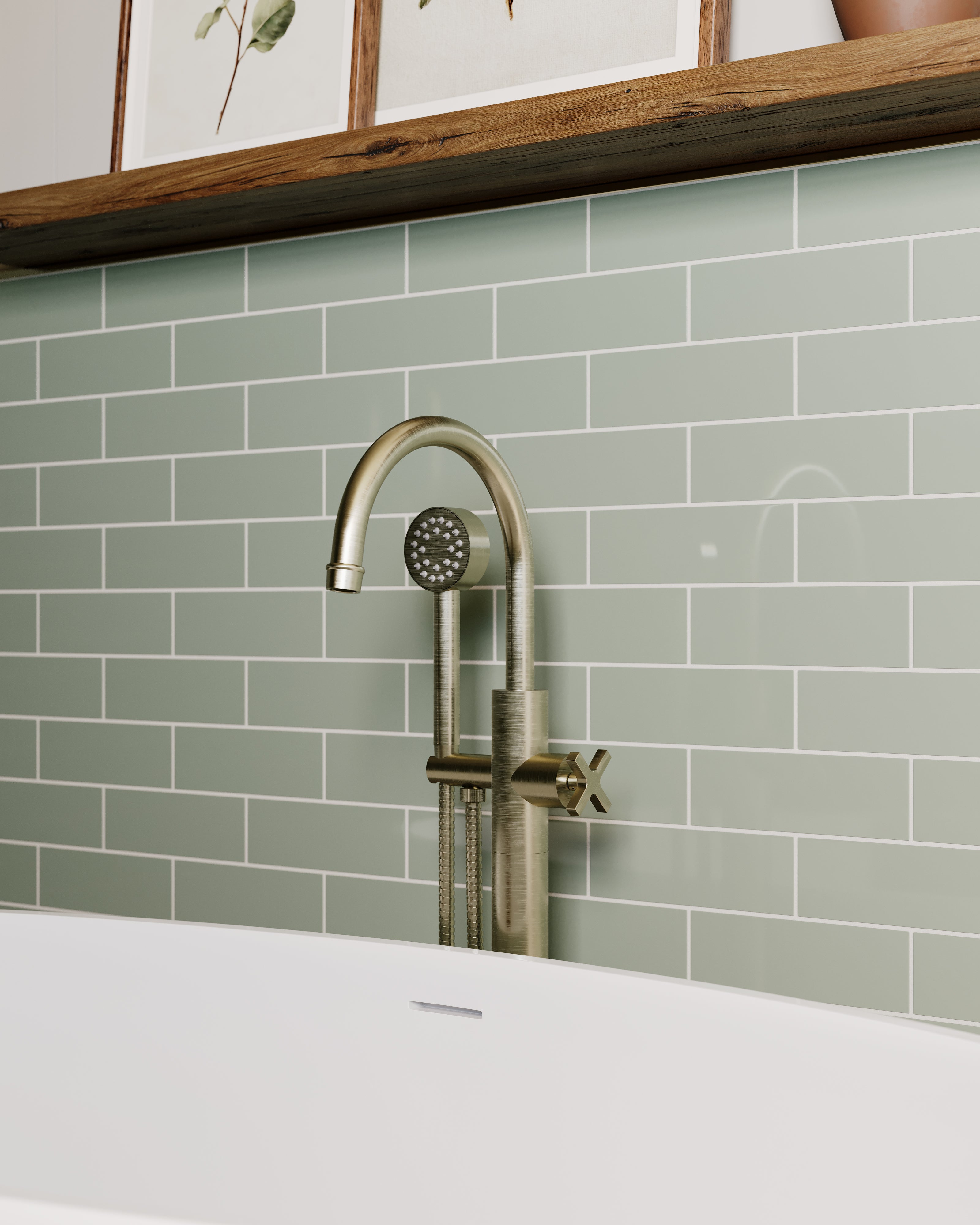 Emerson One Handle Floor Mount Gooseneck Bath Trim with Hand Shower and Classic Cross Handle in Satin Nickel