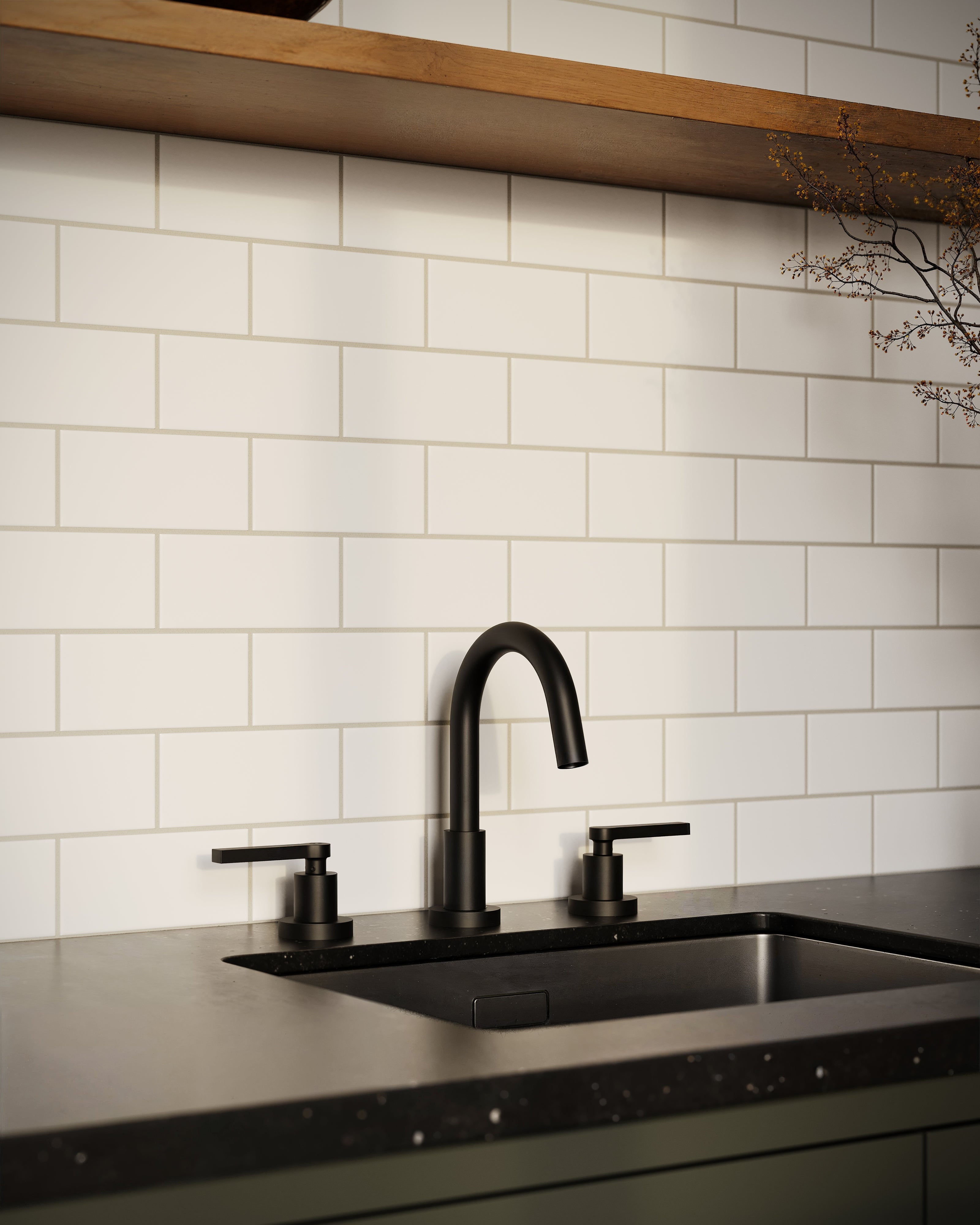 Flatiron Two Handle Deck Mount Short Gooseneck Lavatory Faucet with Linear Lever Handles in Matte Black