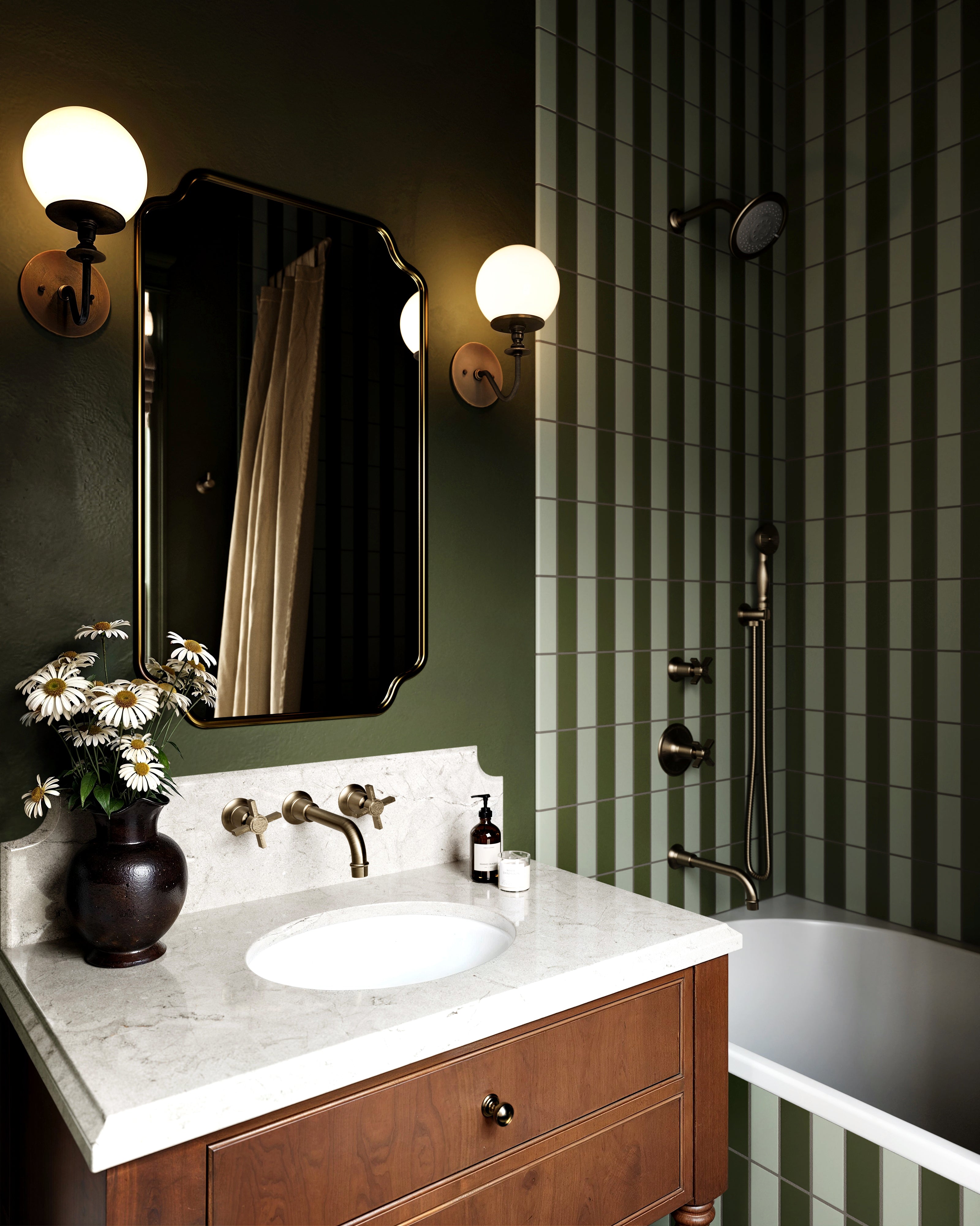Emerson Two Handle Wall Mount 8.25" Lavatory Faucet with Defined Cross Handles in Antique Brass