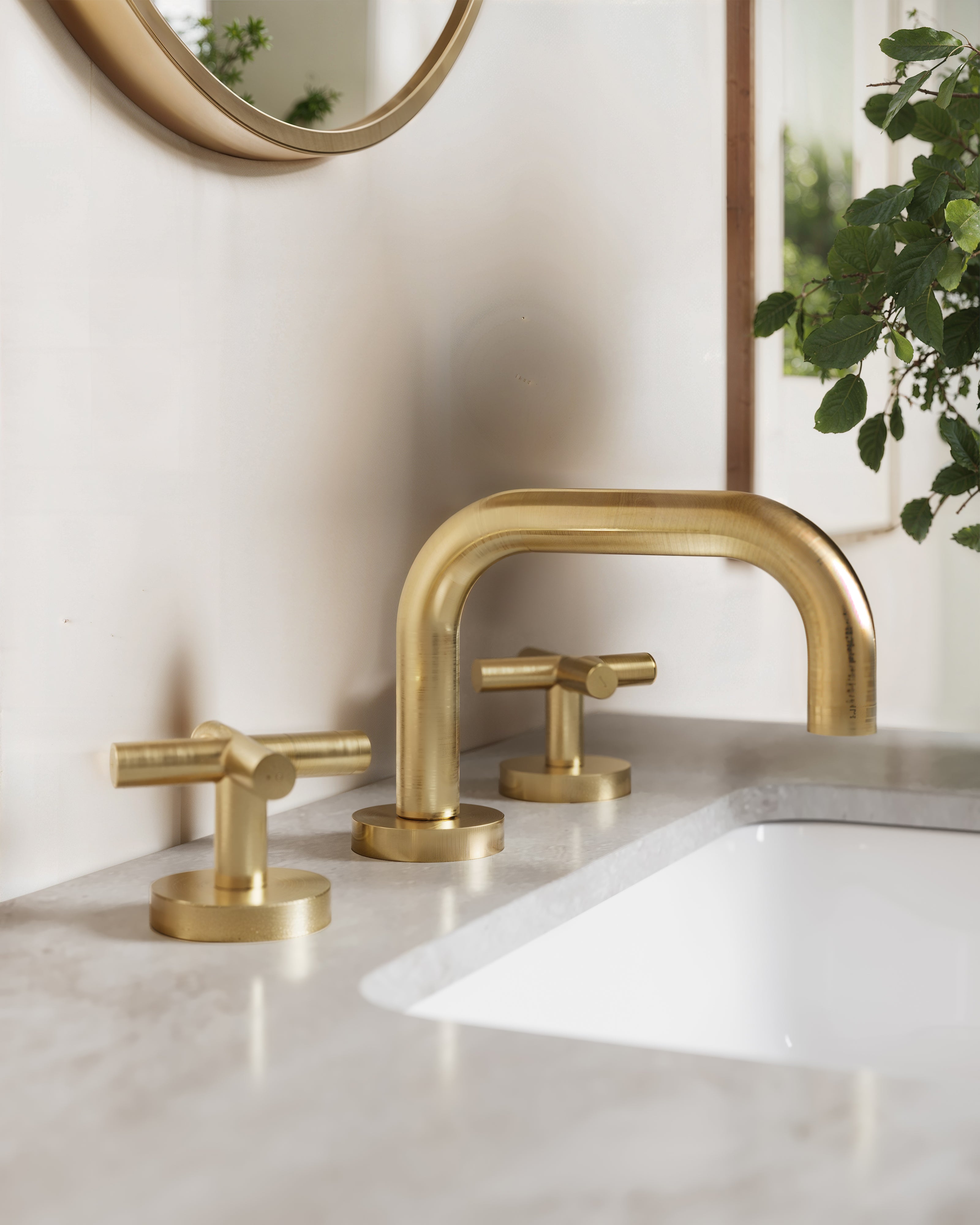 Contour Two Handle Deck Mount Squaretop Lavatory Faucet with Soft Cross Handles in Satin Brass
