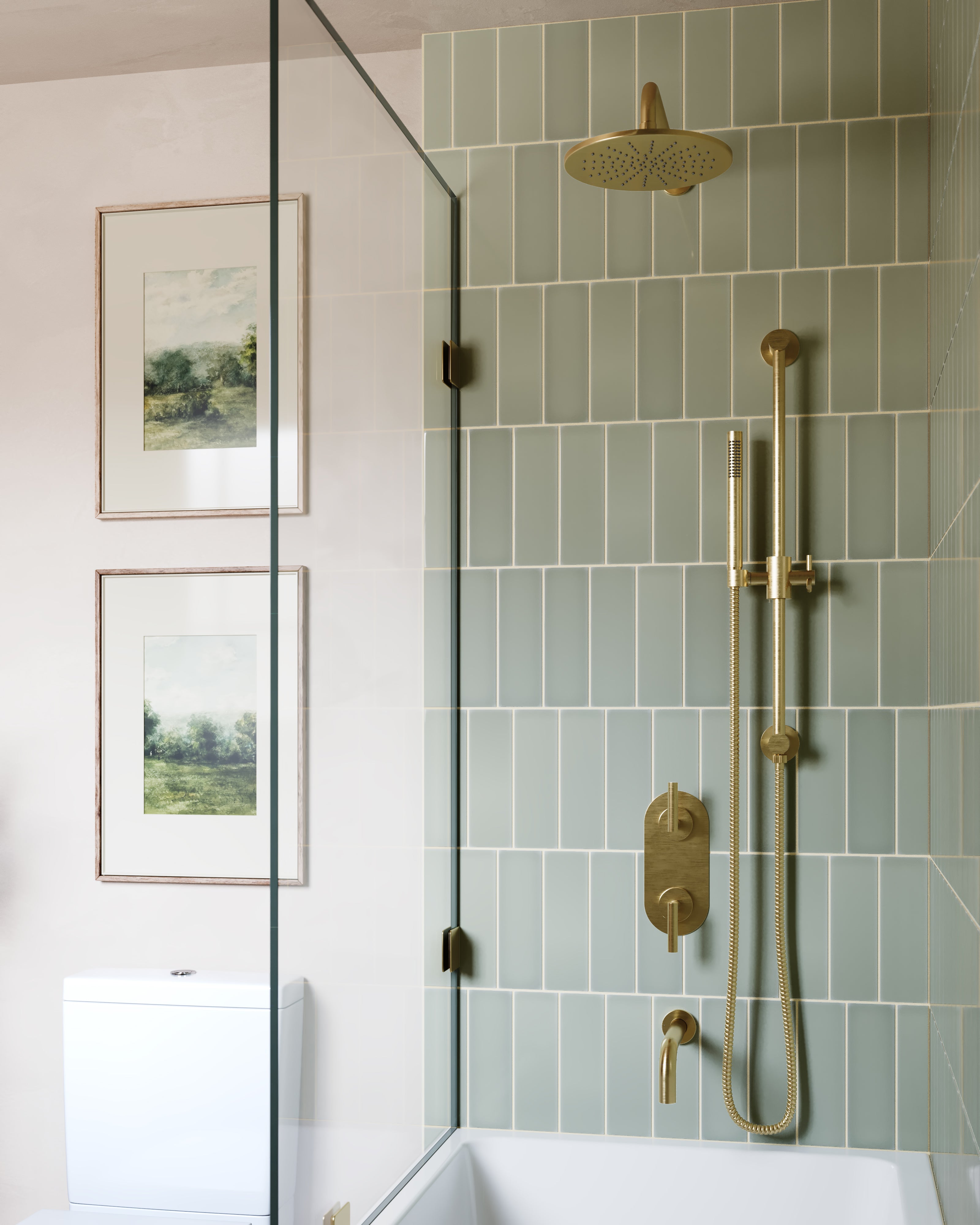Contour Two Handle Wall Mount Shower Trim with Soft Lever Handles in Satin Brass