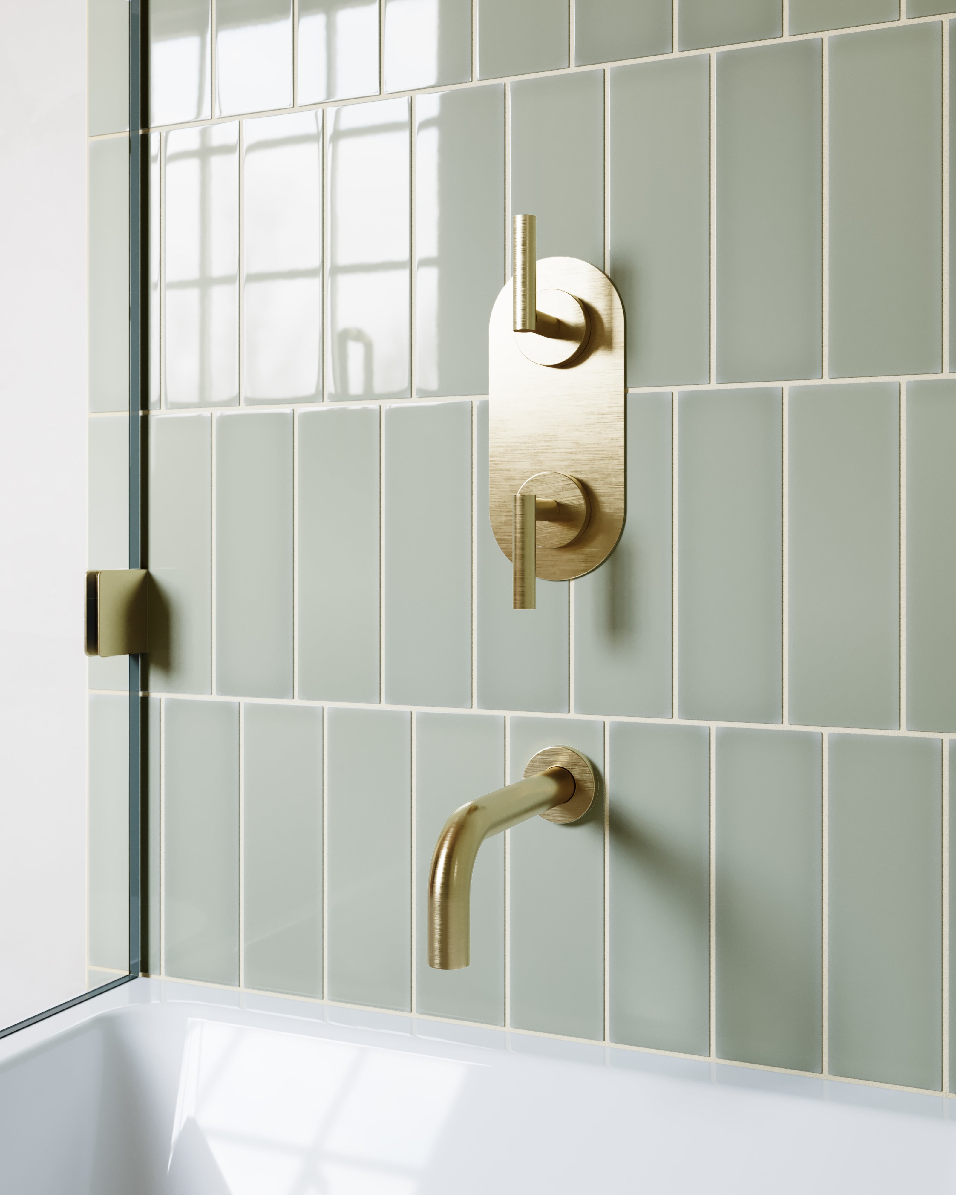 Contour Two Handle Wall Mount Shower Trim with Soft Lever Handles in Satin Brass