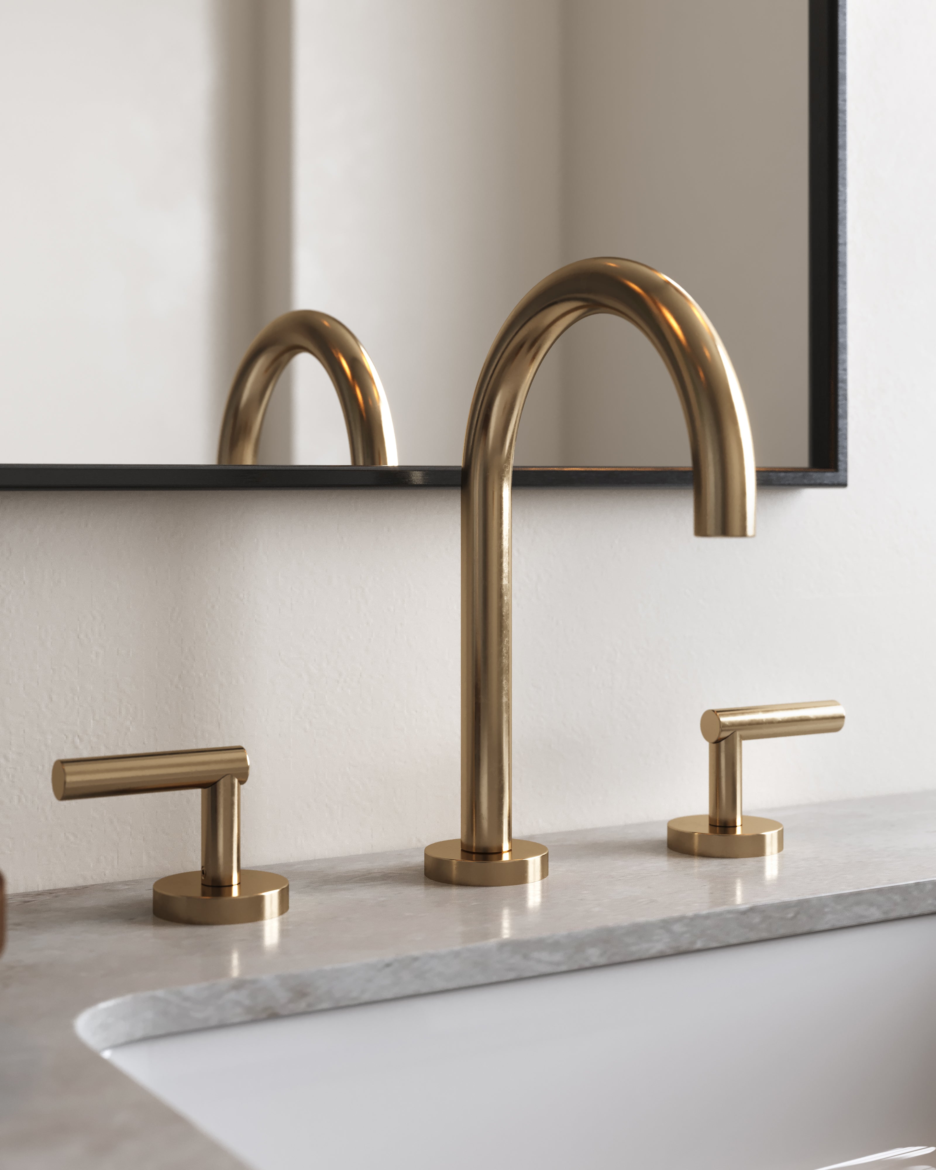 Contour Two Handle Deck Mount Gooseneck Lavatory Faucet with Soft Lever Handles in French Brass