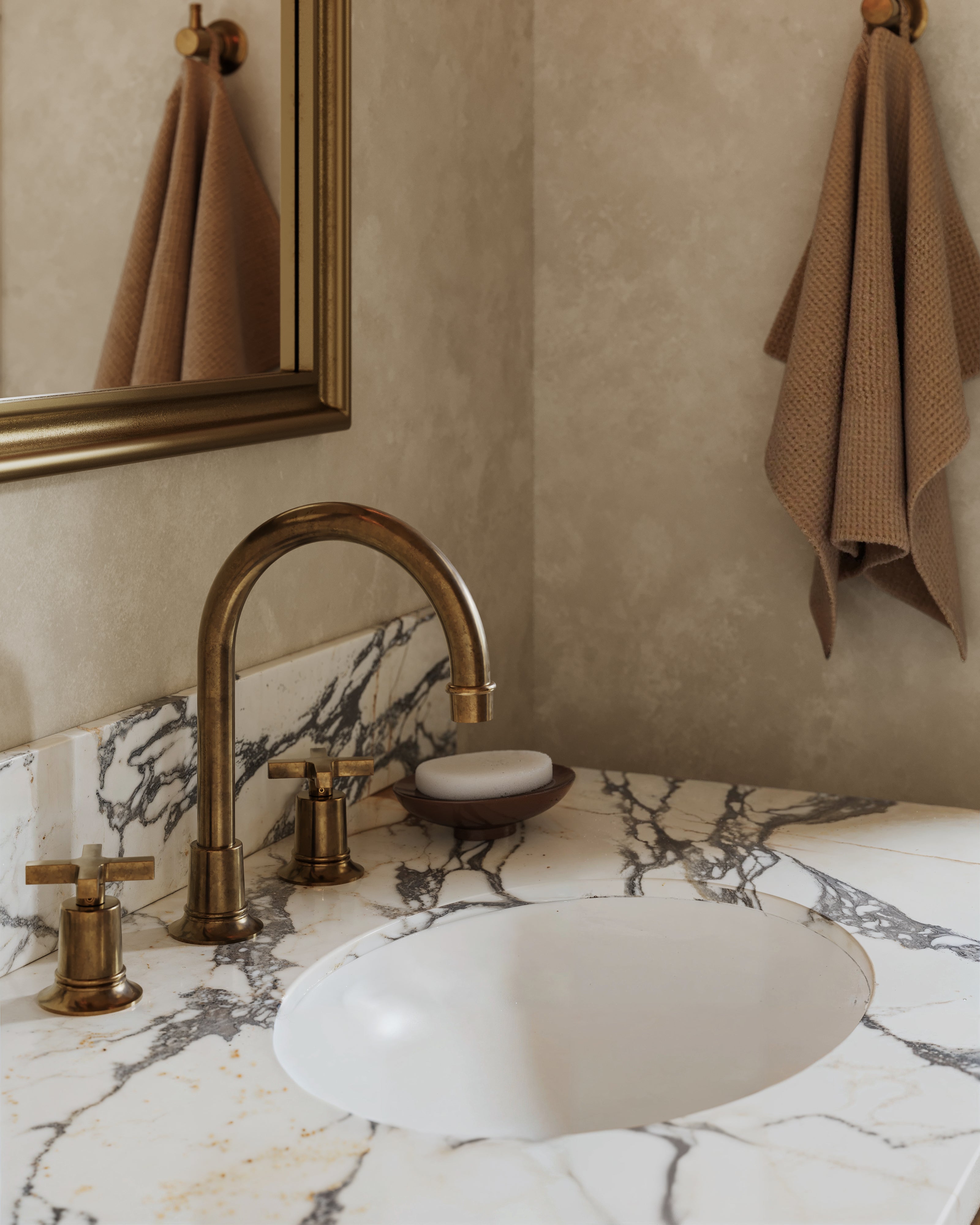 Emerson Two Handle Deck Mount Gooseneck Lavatory Faucet with Classic Cross Handles in Uncoated Polished Brass