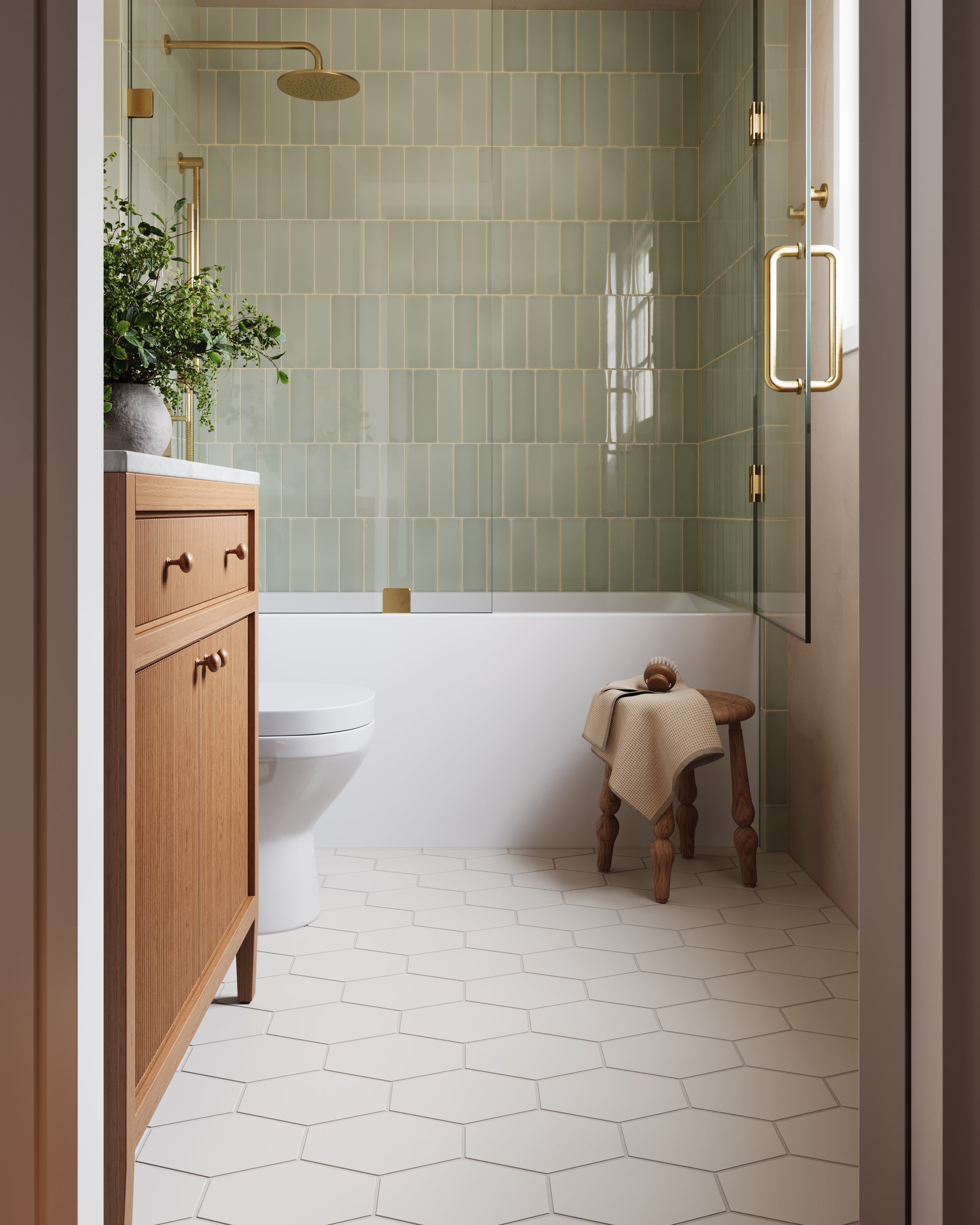 Elongated Hexagon Natural Press Ceramic Tile in Pearl Matte