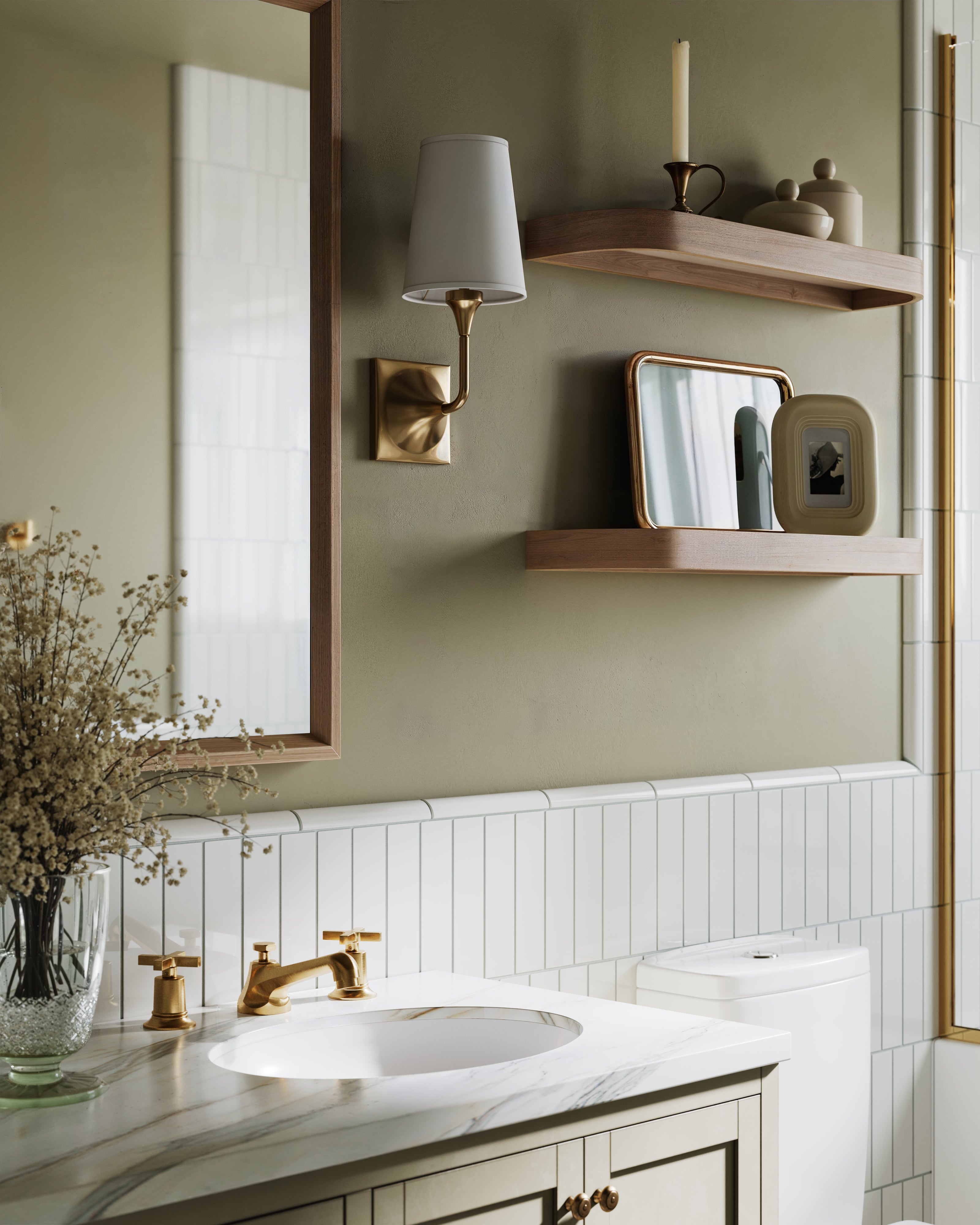 Emerson Two Handle Deck Mount Low Hexagon Lavatory Faucet with Classic Cross Handles in Satin Brass