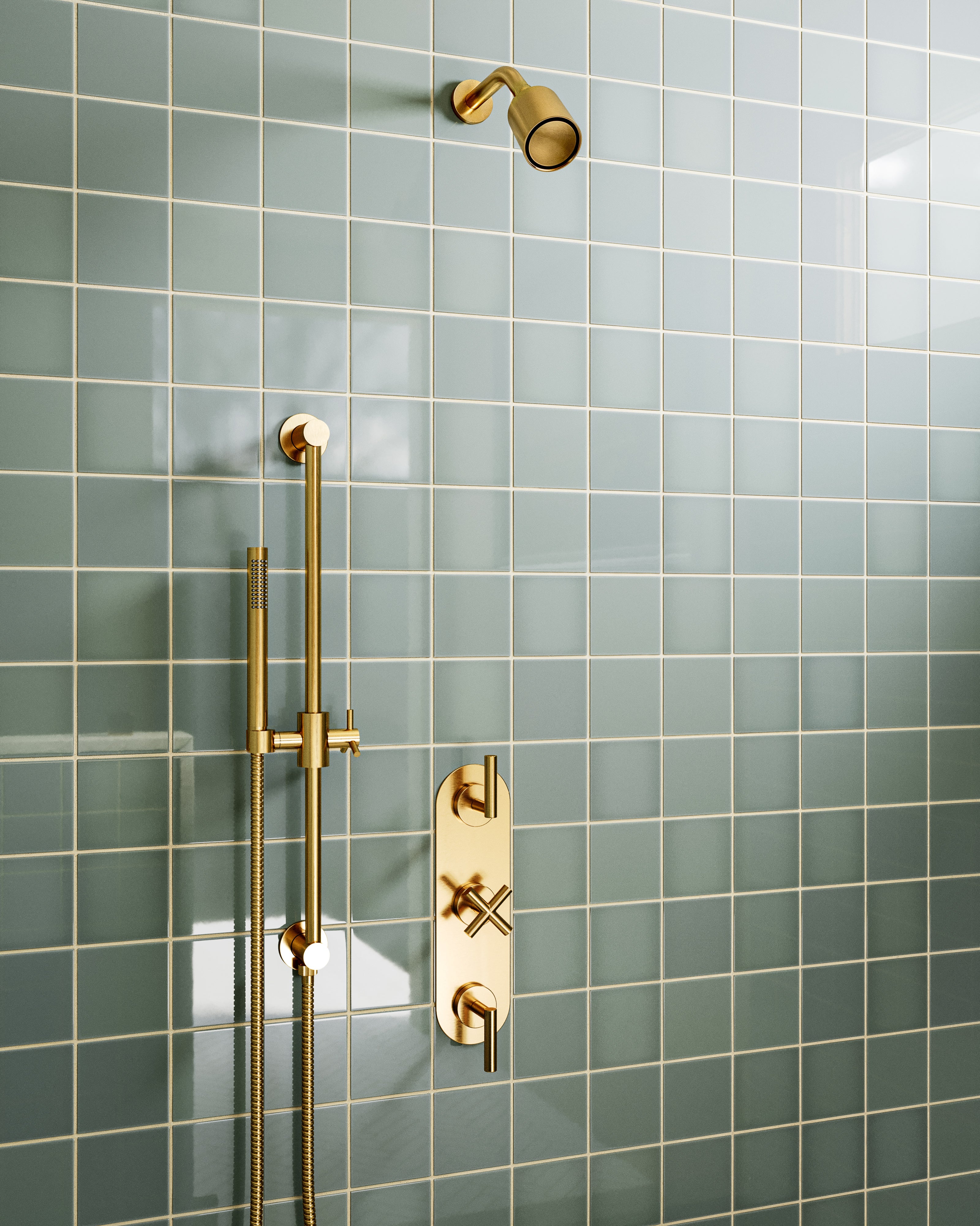 Contour Three Handle Wall Mount Shower Trim with Soft Cross/Soft Lever Handles in Satin Brass