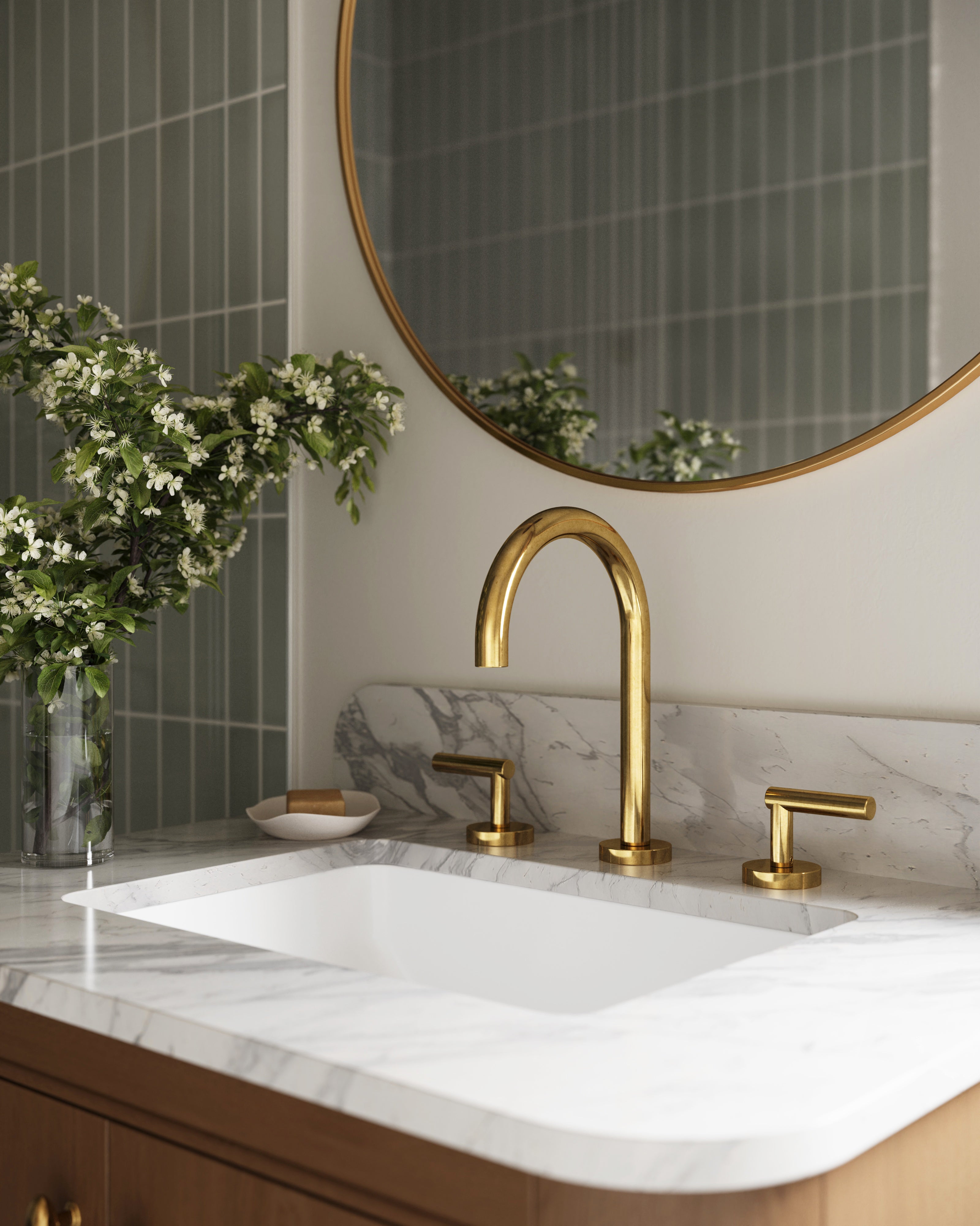 Contour Two Handle Deck Mount Gooseneck Lavatory Faucet with Soft Lever Handles in French Brass