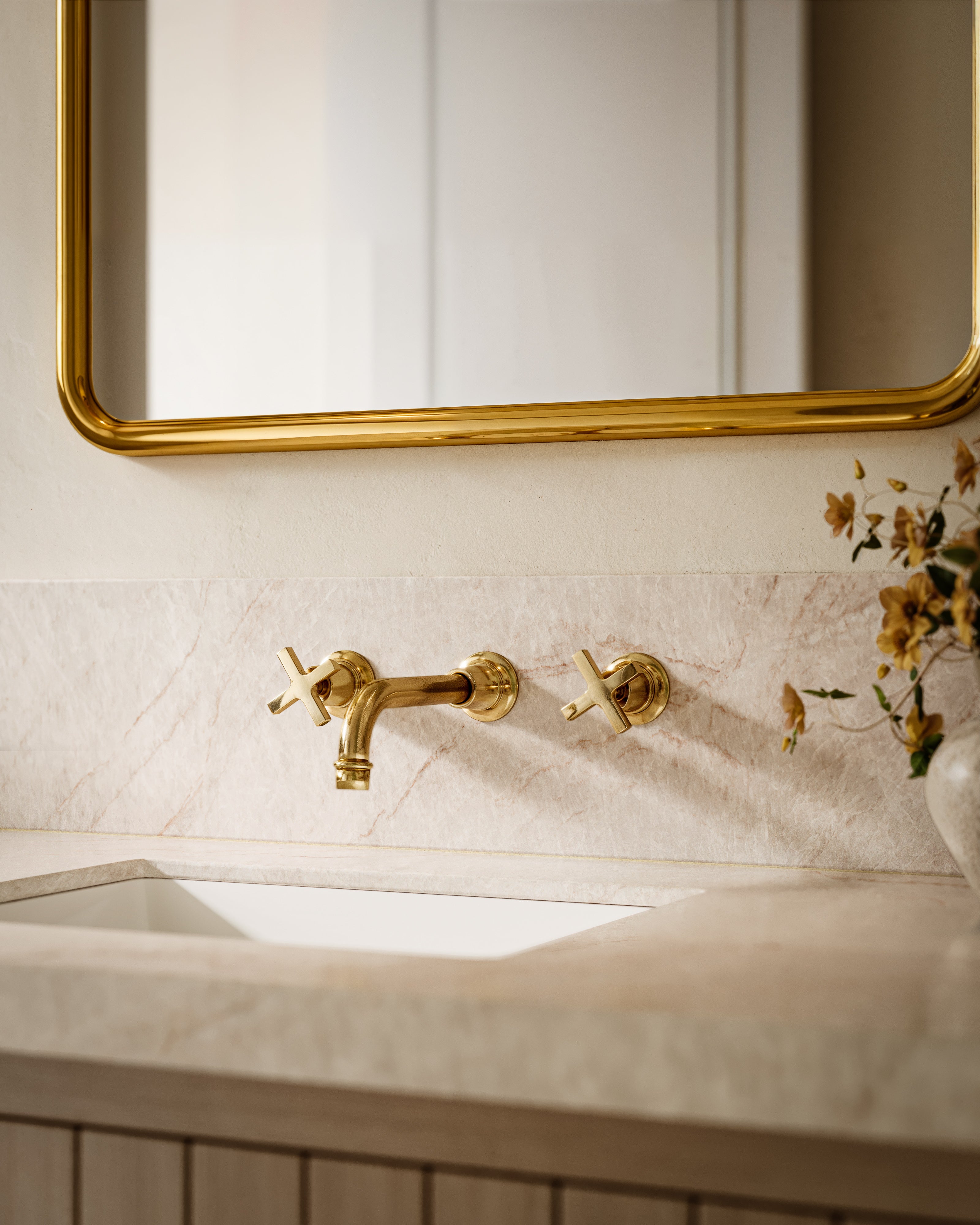 Emerson Two Handle Wall Mount 8.25" Lavatory Faucet with Defined Cross Handles in Satin Brass