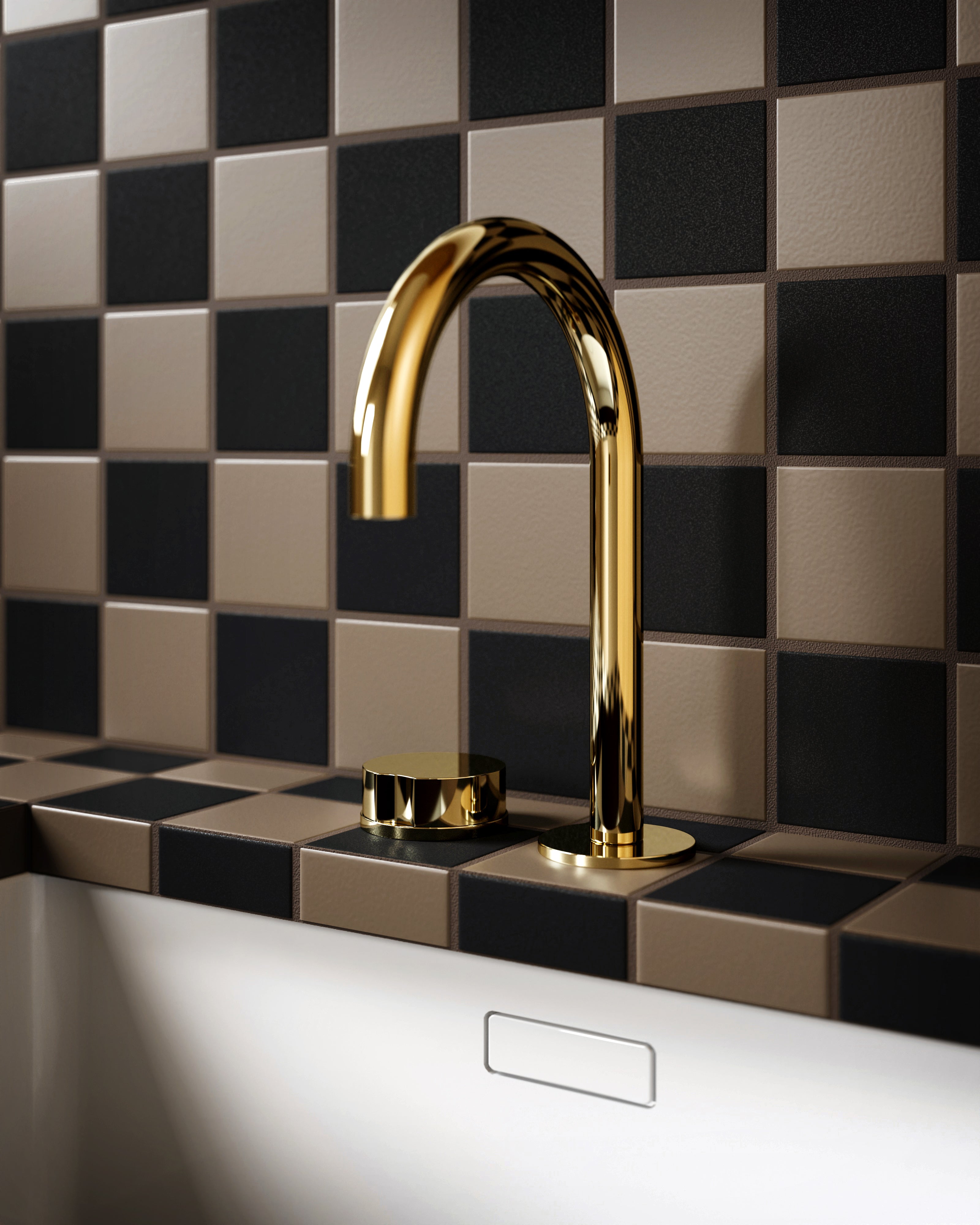 Foundry One Handle Deck Mount Gooseneck Lavatory Faucet with Barrel Knob Handle in Polished Brass