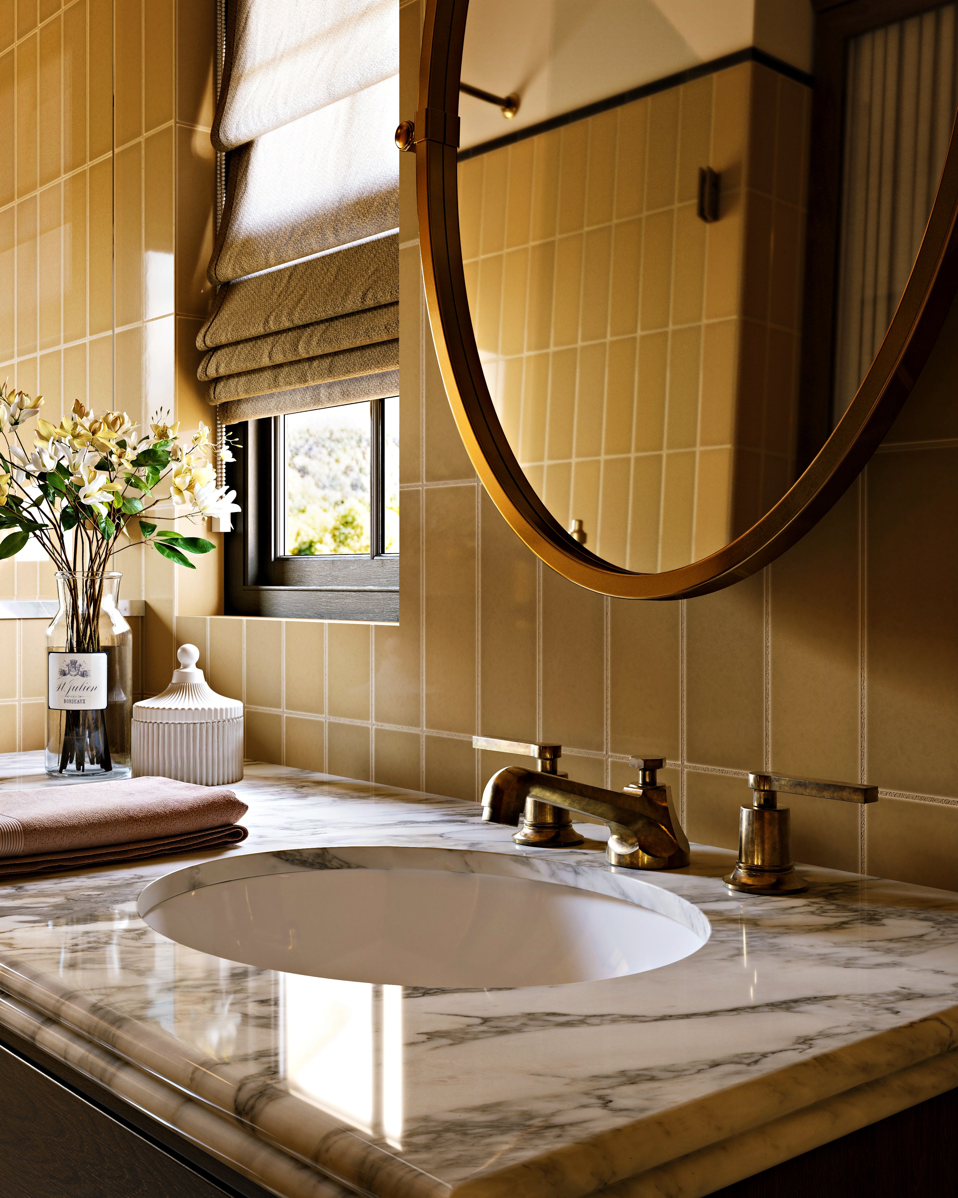Emerson Two Handle Deck Mount Low Hexagon Lavatory Faucet with Classic Lever Handles in Uncoated Polished Brass
